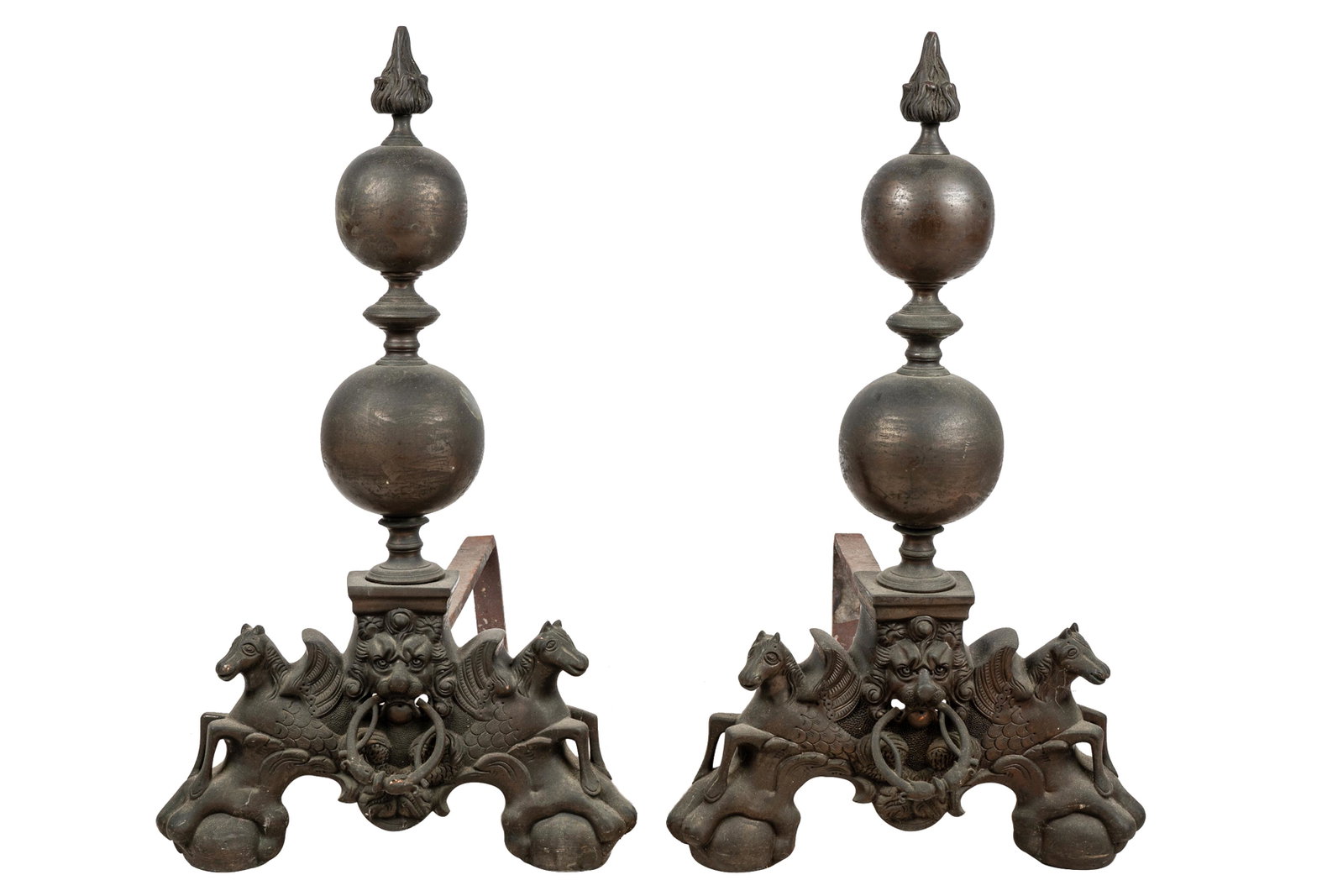 PAIR OF ANDIRONS: lion and horse motif 28 inches high