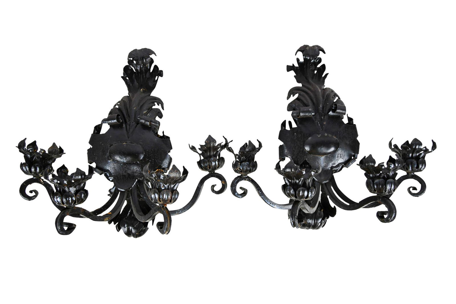 PAIR OF ROCOCO-STYLE PAINTED TOLE SCONCES: each with four candle arms Condition: bent in several places 19 inches wide; 14 inches deep; 20 inches high