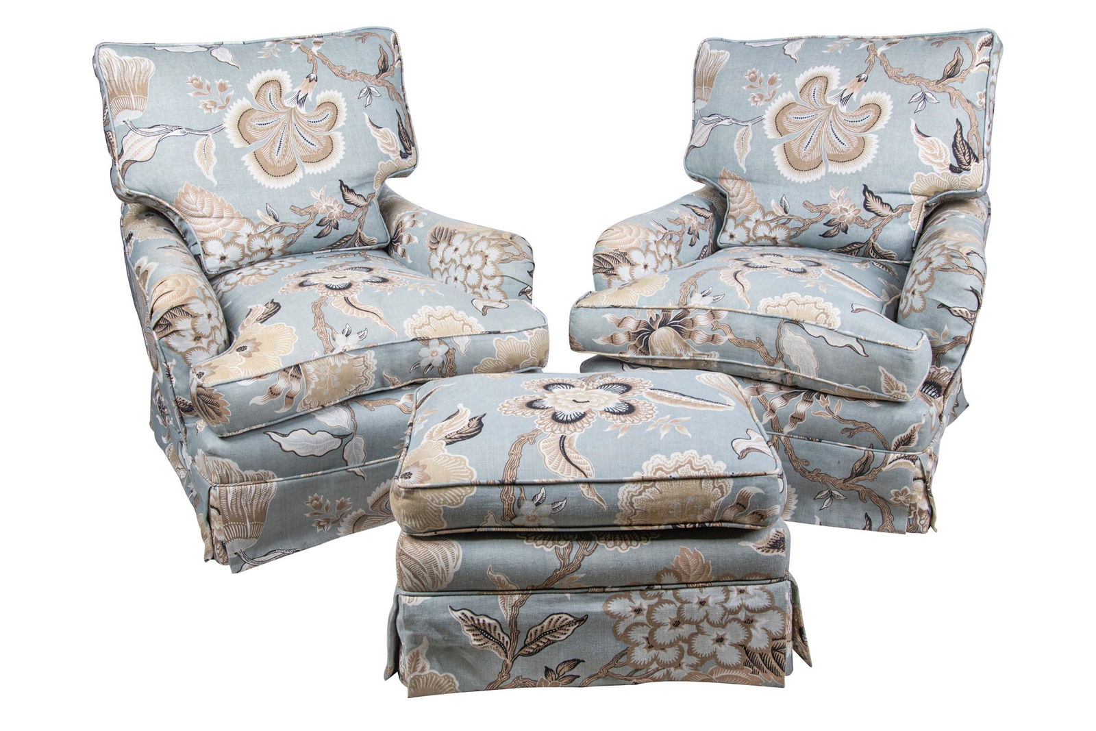 PAIR OF PRINT UPHOLSTERED CLUB CHAIRS WITH OTTOMAN (1 of 11)