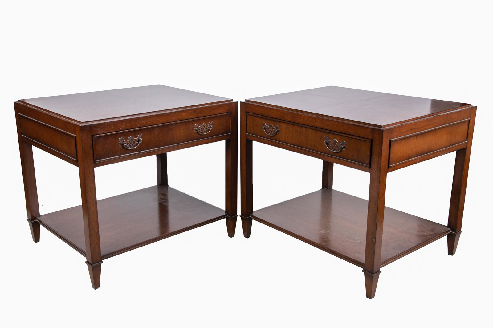 PAIR OF JAMES BLAKELEY STAINED WOOD NIGHT STANDS: with one drawer 32 inches wide; 26 inches deep; 29 inches high