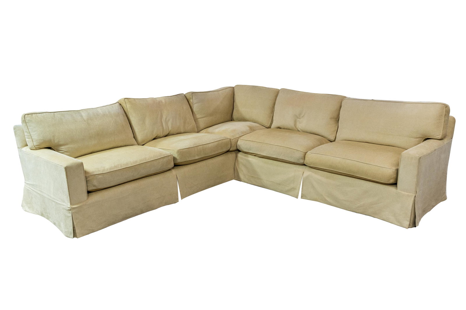 SECTIONAL SOFA: with removable cushions Condition: with slight sun fading throughout 118 inches wide; 118 inches deep; 33 inches high