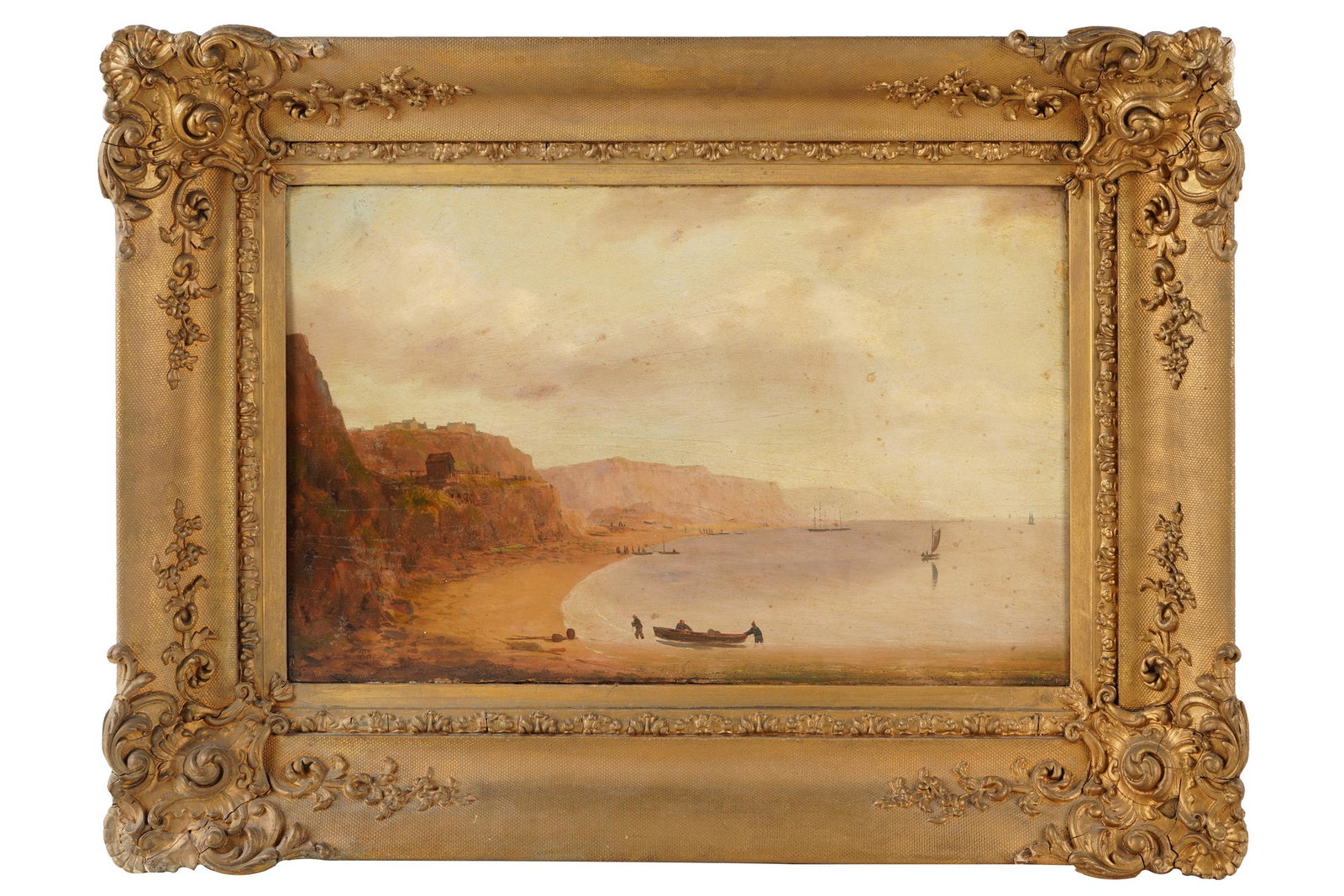COASTAL SCENE: 19th Century Continental School oil on wood panel signed lower left 11 x 16 inches