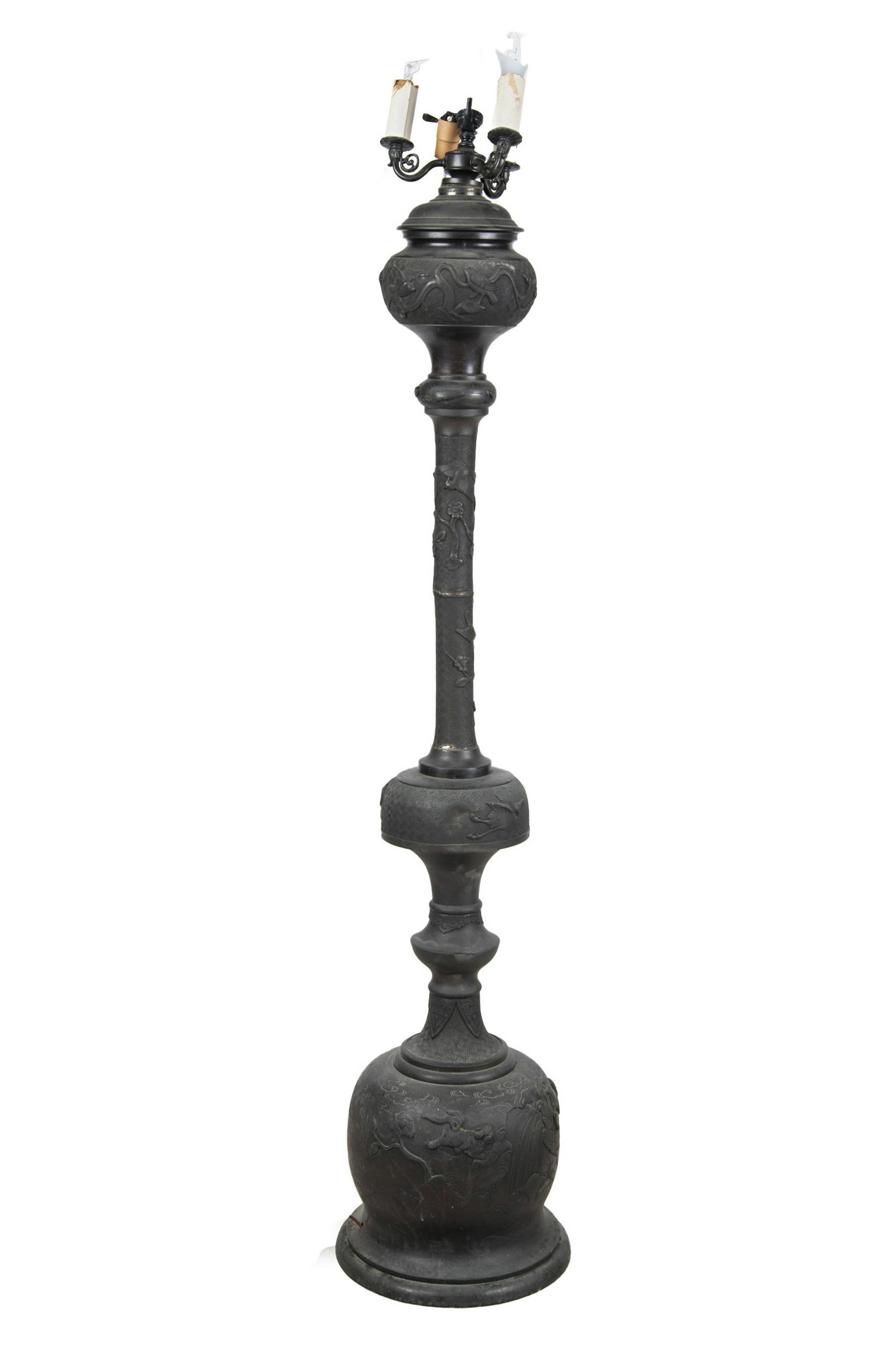 JAPANESE BRONZE TORCHIERE: Condition: candlestick mount does not sit flush; separation between different segments in lamp 63 total inches high