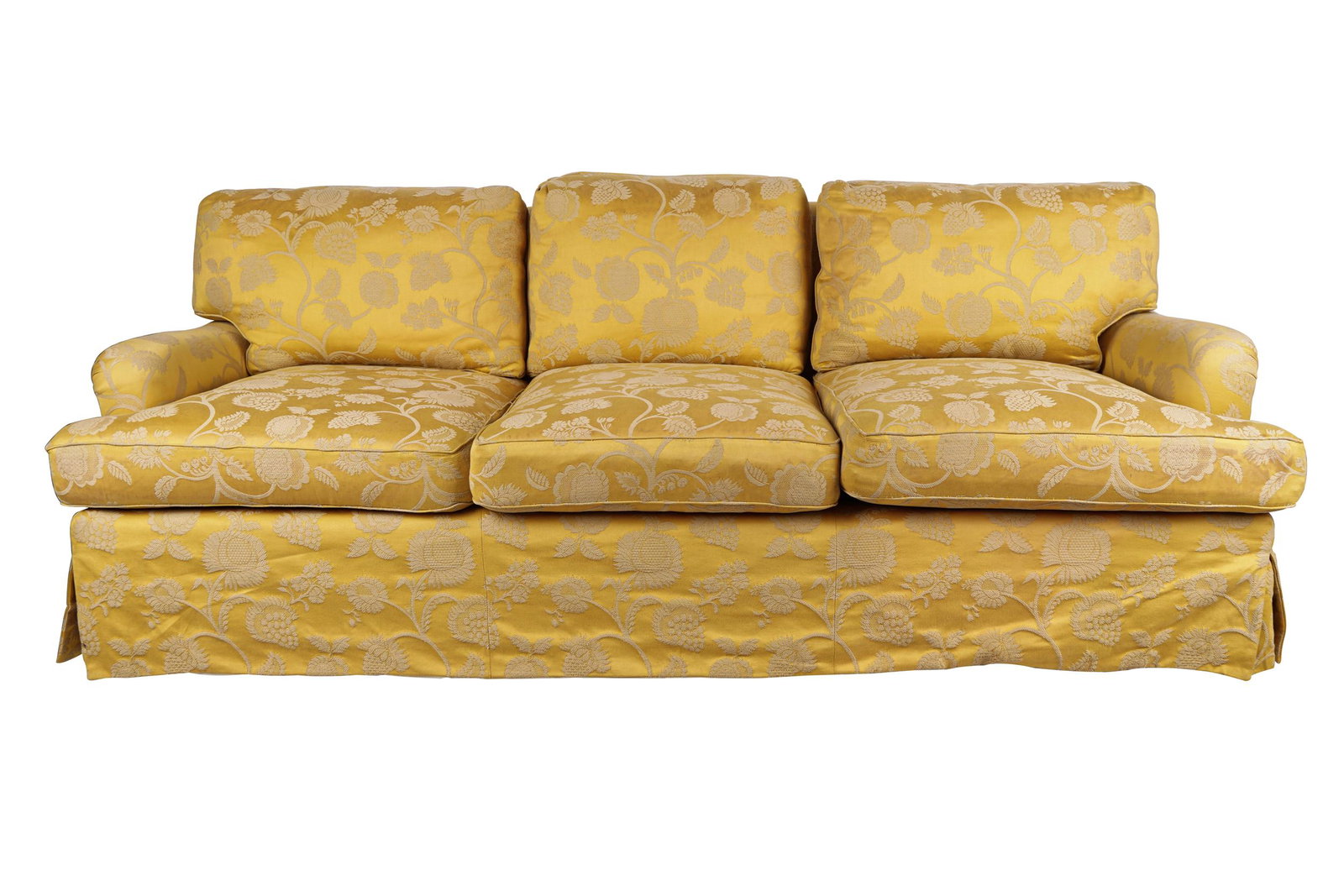 YELOW UPHOLSTERED SOFA: Condition: with water damage and staining to upholstery 84 inches wide; 40 inches deep; 31 inches high