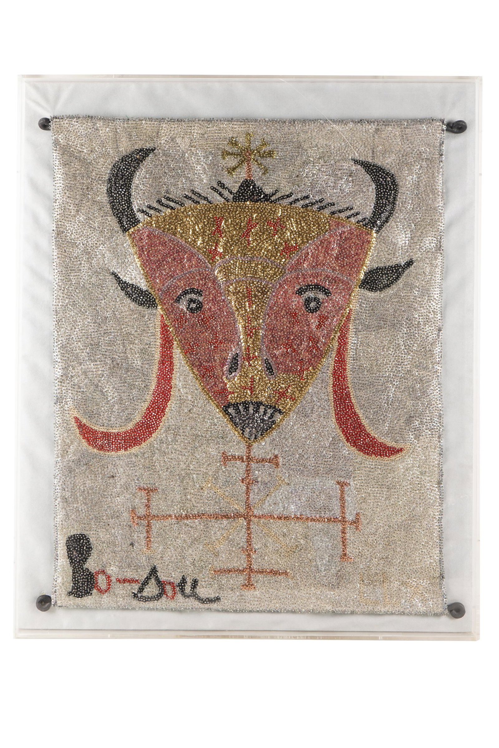 BEADED TEXTILE: on iron poles, framed in acrylic Condition: with crack to upper part of frame the textile: 30 x 24 inches; 35 x 29 inches framed