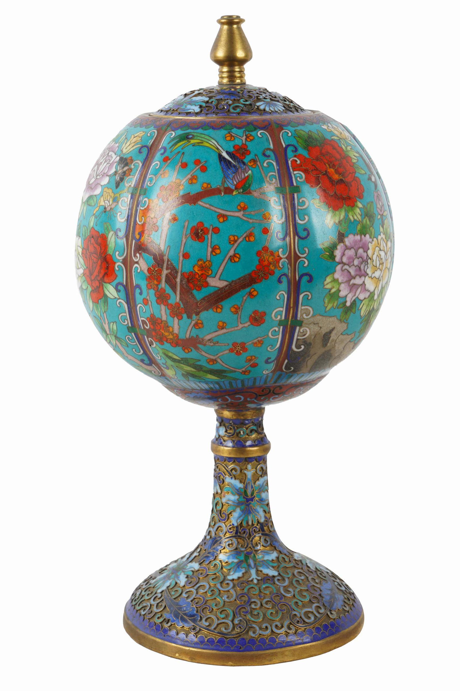 CHINESE CLOISONNE SPHERICAL LIDDED URN ON STAND (1 of 7)