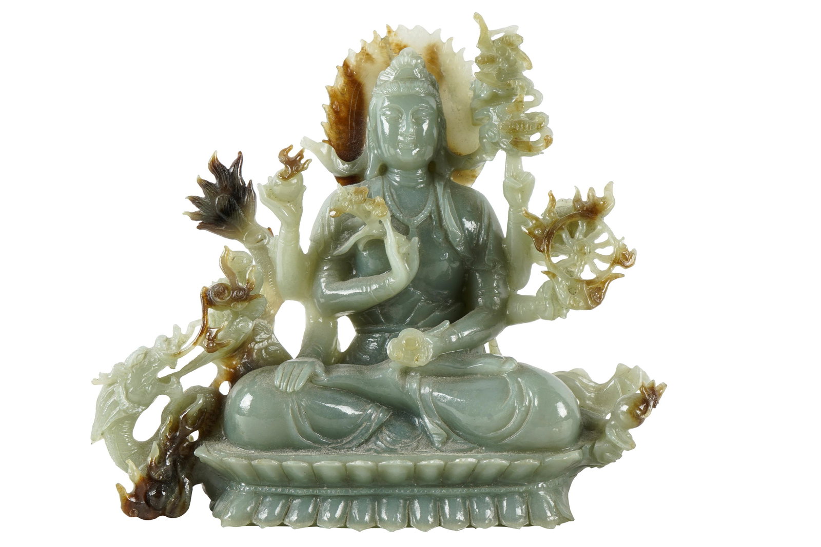 CHINESE CARVED STONE SEATED QUAN YIN: Condition: with some small chips to crown and lower near base 12 inches wide; 10 inches high