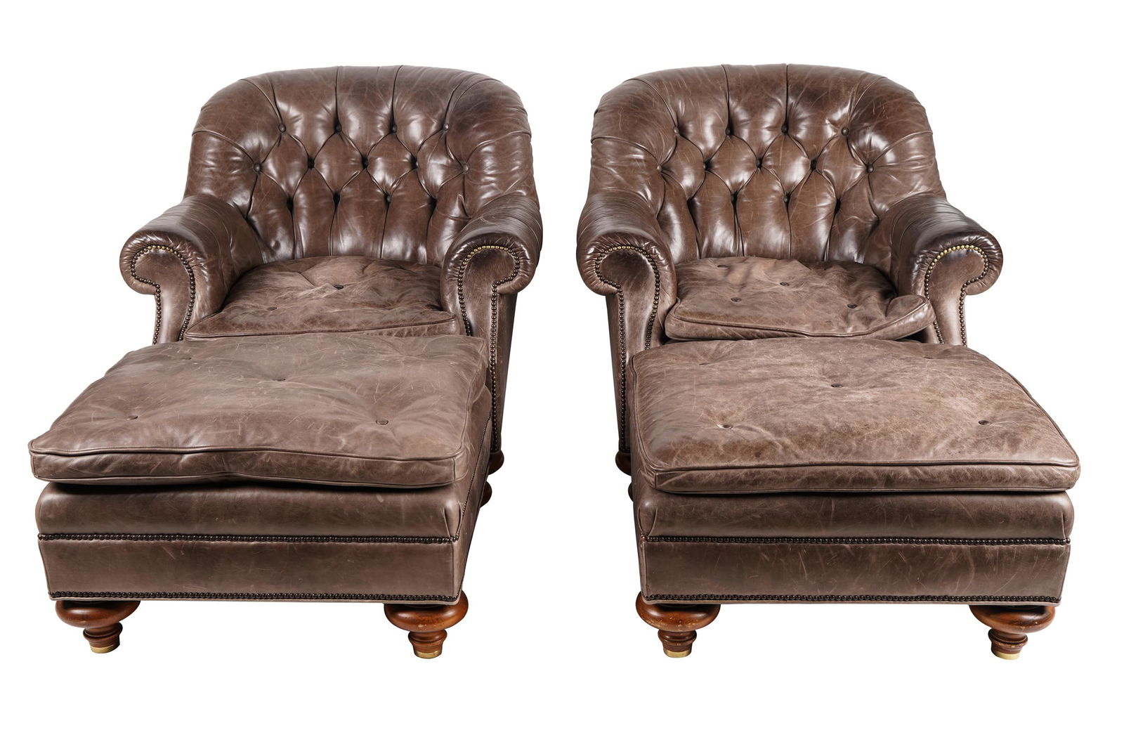 PAIR OF BAKER LEATHER CLUB CHAIRS & OTTOMANS (1 of 12)