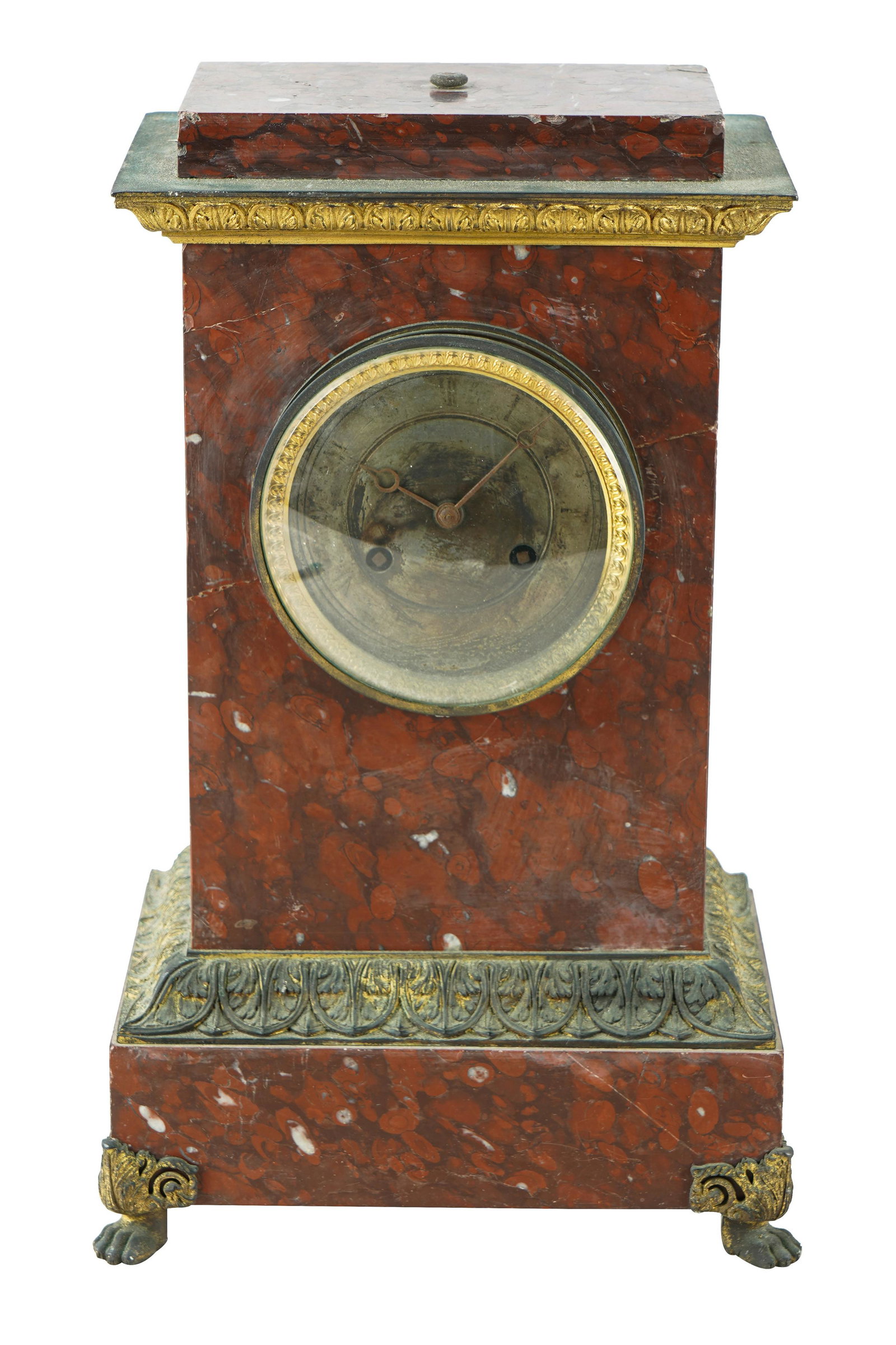 ROUGE MARBLE MANTEL CLOCK: the movement unsigned, on four paw feet Condition: most likely missing a mount to top; nicks and chips to edges of marble; dial with heavy rubbed wear and oxidation; slight damage to rear base of cloc