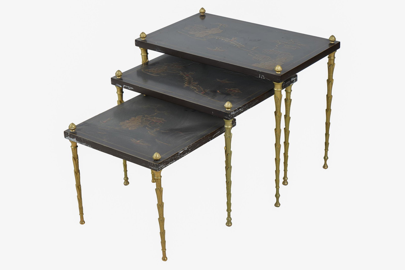 NEST OF GILT METAL JAPANNED TABLES: Condition: wobble; with areas of losses largest: 21 3/4 inches wide; 14 inches deep; 18 inches high