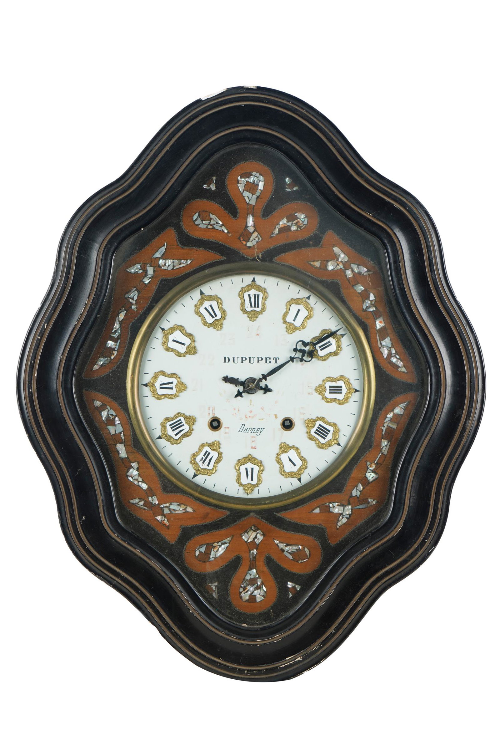DUPUPET DARNEY WALL CLOCK: Condition: with loss to edges 24 1/2 x 19 1/4 inches