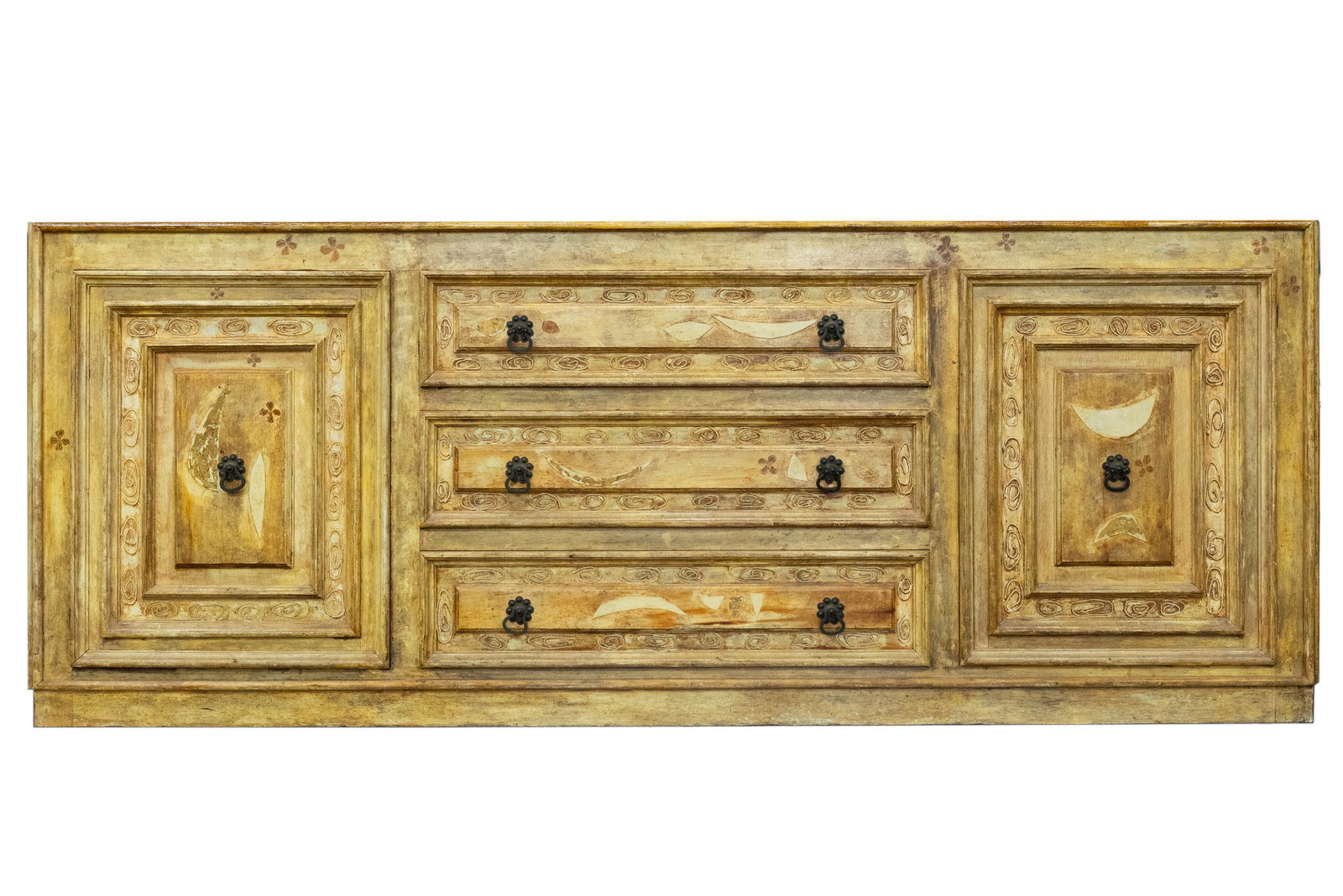 GEMMA TOCCAGNA: MEXICAN PAINTED SIDEBOARD: with three drawers and two doors Condition: with paint loss to top 85 inches wide; 22 1/2 inches deep; 33 1/4 inches high
