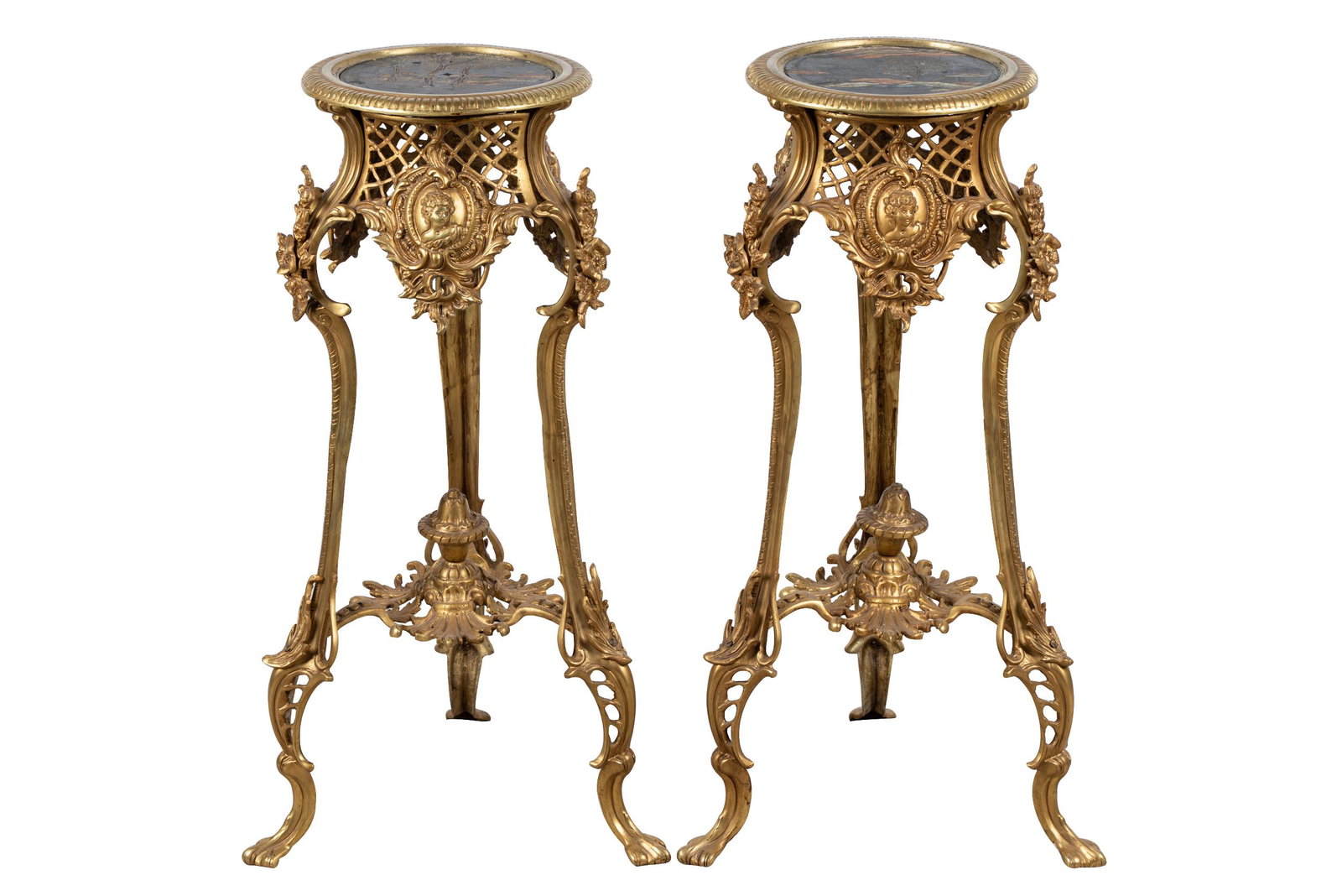 PAIR OF LOUIS XV-STYLE BRONZE STANDS: with coromandel style tops Condition: tops show signs of repair and newer gilding 12 inches diameter; 29 1/2 inches high