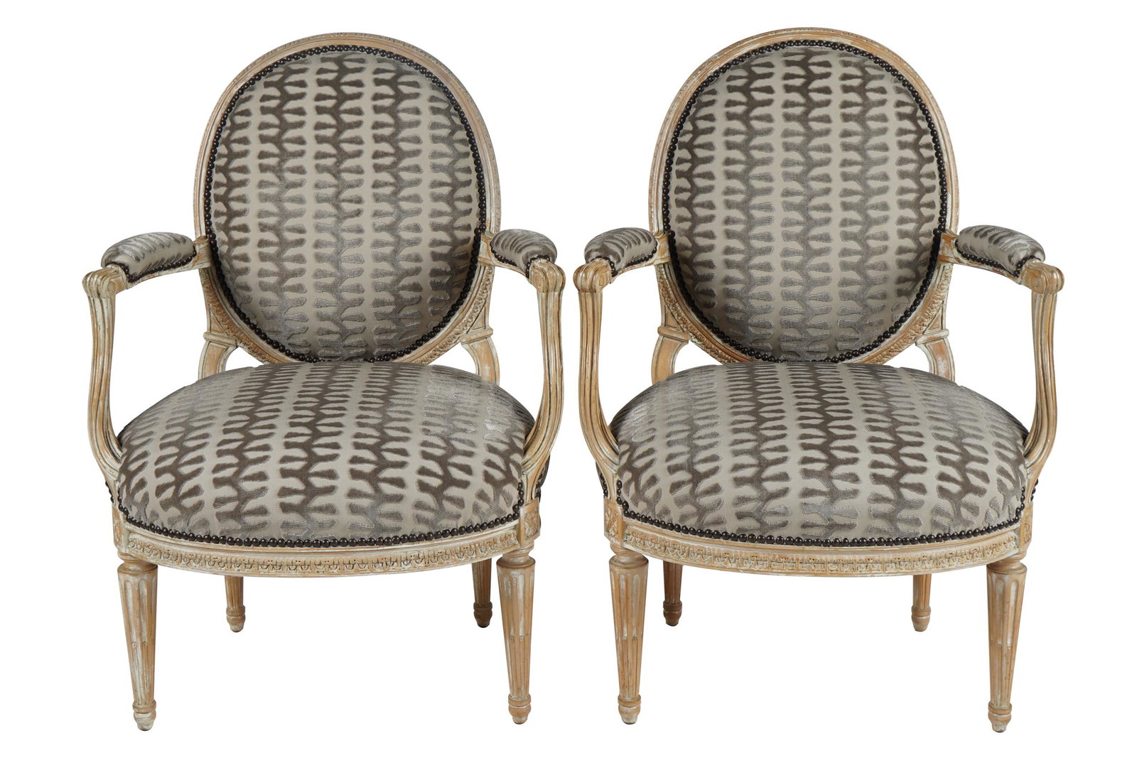 PAIR OF LOUIS XVI STYLE BLEACHED WOOD & UPHOLSTERED: Condition: upholstery is new in good condition 26 1/2 inches wide; 21 inches deep; 37 inches high
