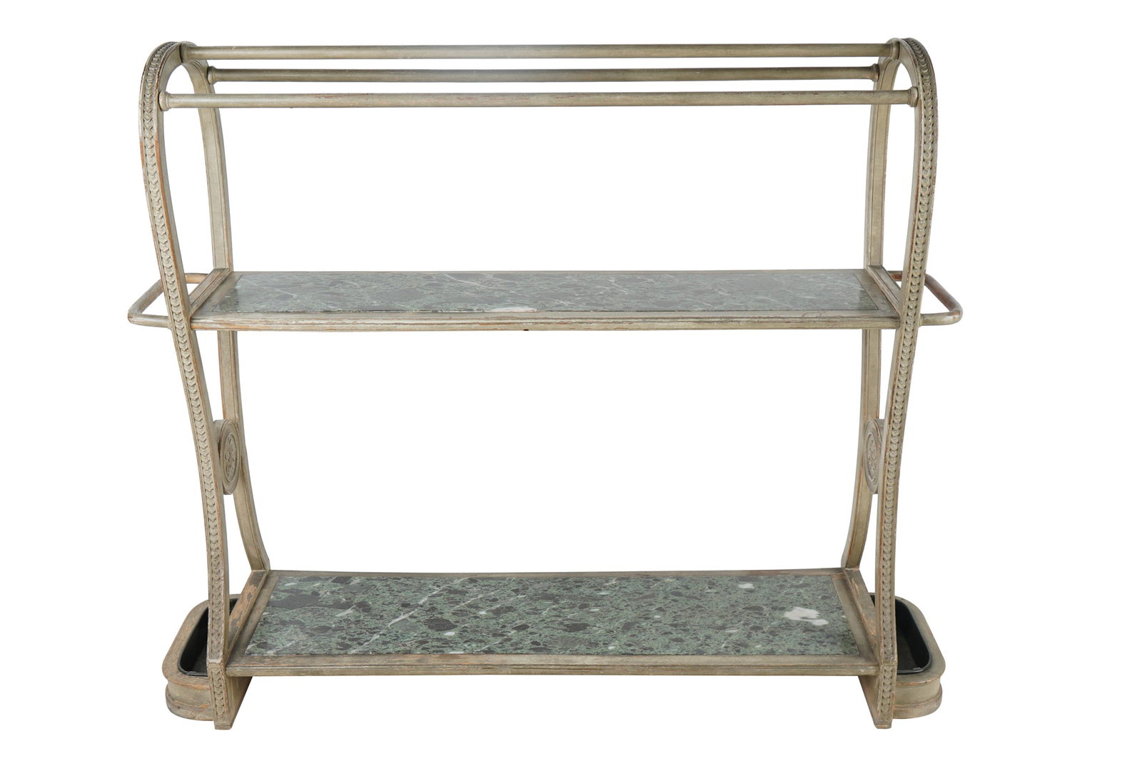 PAINTED TIER HALL STAND: marble inset shelves and tole inserts Condition: with damage to center of top marble shelf; loss of paint revealing original wood throughout 55 inches wide; 15 inches deep; 46 1/2 inches high