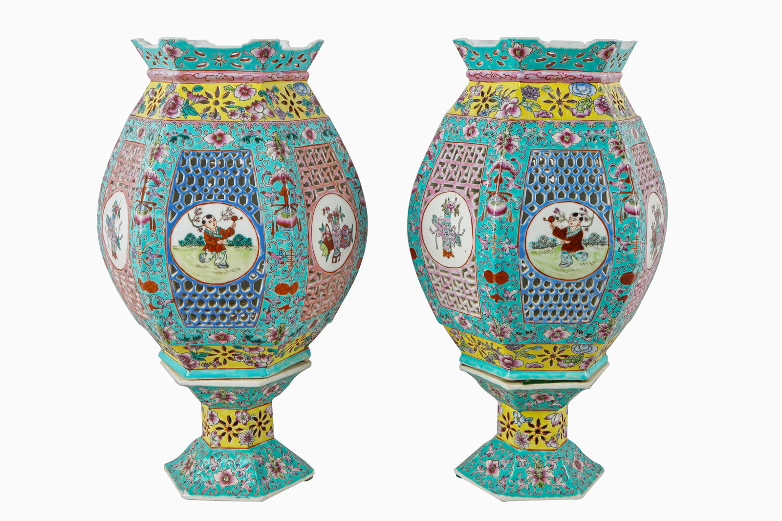 PAIR OF CHINESE TWO-SECTION PORCELAIN LANTERNS (1 of 8)