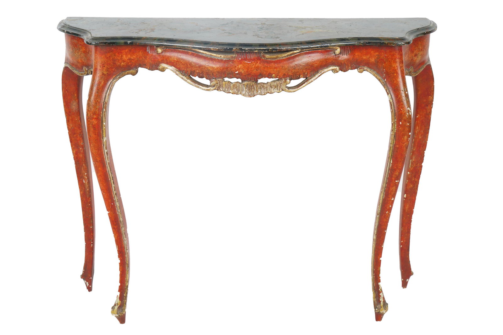VENETIAN POLYCHROME CONSOLE: faux marble top Condition: with paint loss and chipping throughout 40 inches wide; 13 1/2 inches deep; 31 1/2 inches high