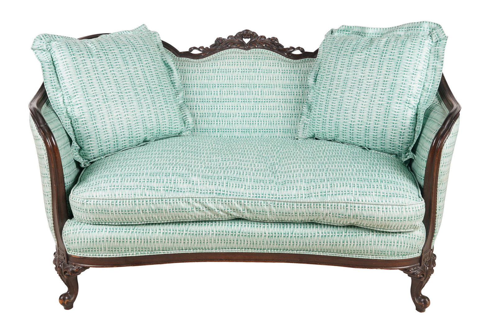 MAHOGANY FRAMED & UPHOLSTERED LOVESEAT: with removable cushion and two throw pillows 52 inches wide; 28 inches deep; 32 inches high