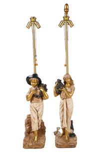 PAIR OF MARBRO LAMP COMPANY FIGURAL LAMPS: with Italian style painted plaster figures, each with sticker from Marbro Lamp Co. Condition: one finial and connector of finial missing Provenance: The Ferrari-Carano Winery Estate Villa Fiore, Heald