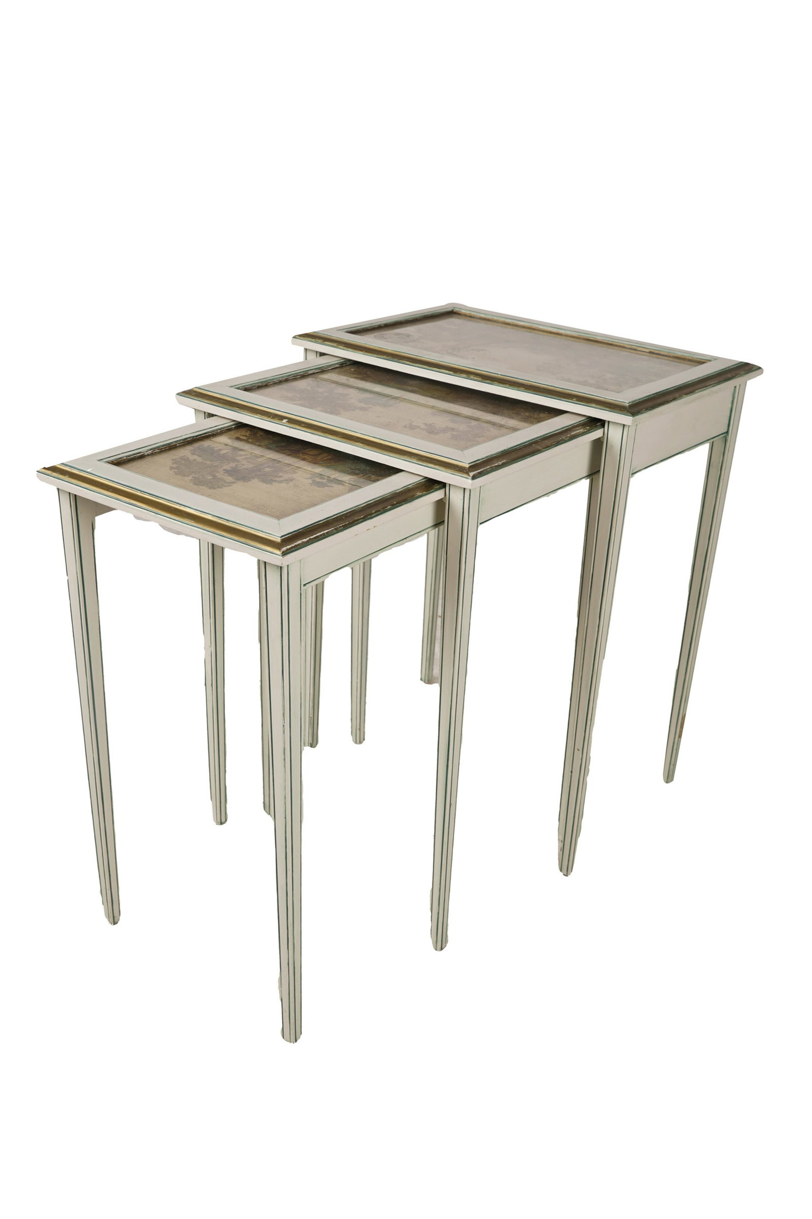 NEST OF THREE PAINTED TABLES: each with an embroidered landscape stock the largest: 19 x 13; 24 1/2 inches high