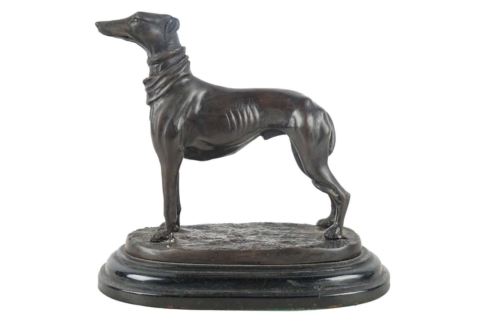 BRONZE GRAYHOUND: unsigned, on an oval marble plinth Condition: plinth with cracks and possible repair 8 inches wide; 8 1/2 total inches high
