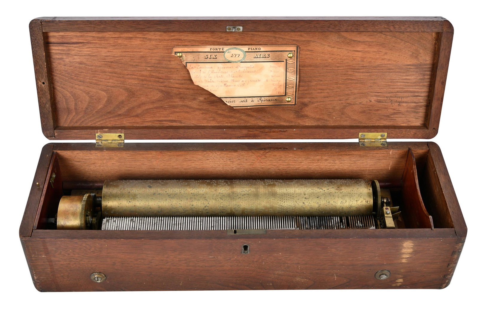 DUCOMMUN-GIROD CYLINDER MUSIC BOX: the mechanism stamped "Ducommun-Girod", serial number 25501; the lid with printed tune card "Forte Piano / Six Airs" and numbered 377; the cylinder 12 3/4 inches long; with winding key the case 19 1/2
