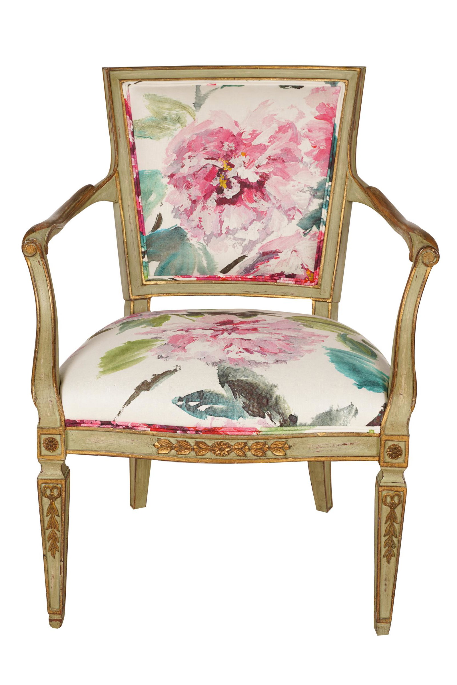 SCHUMACHER LOUIS XVI STYLE PAINTED WOOD ARMCHAIR: Schumacher Furnishings label to underside, painted pale green with gilt highlights, covered with floral-patterned cotton/linen fabric Condition: good. Fabric clean; no stains. Minor wear to paint. 26 