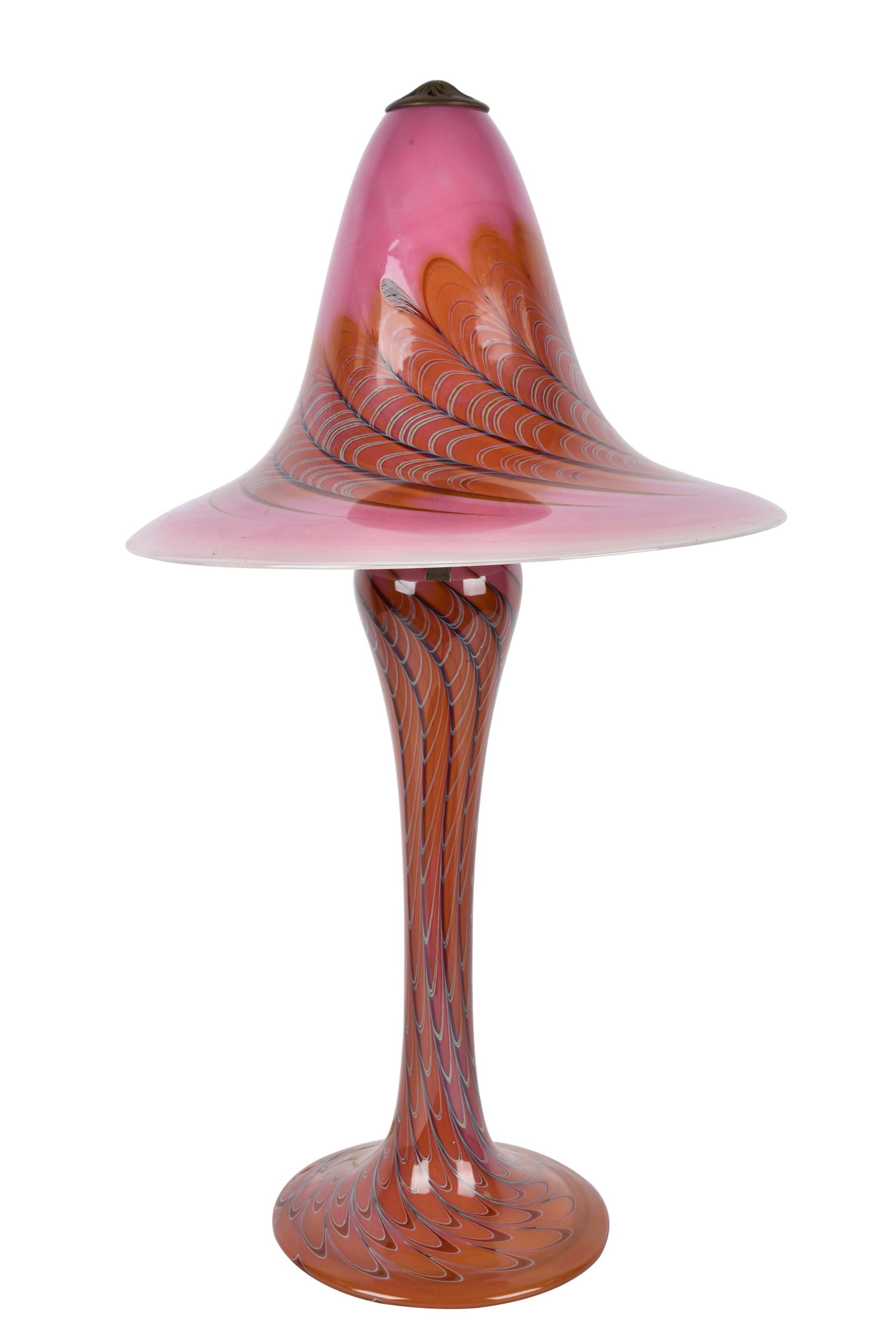 JOE CLEARMAN: ART GLASS TABLE LAMP: 1987, signed, dated, and numbered 1219/1259 to underside of base the shade: 15 1/2 inches diameter; 11 inches high; the base: 22 1/2 inches high including socket