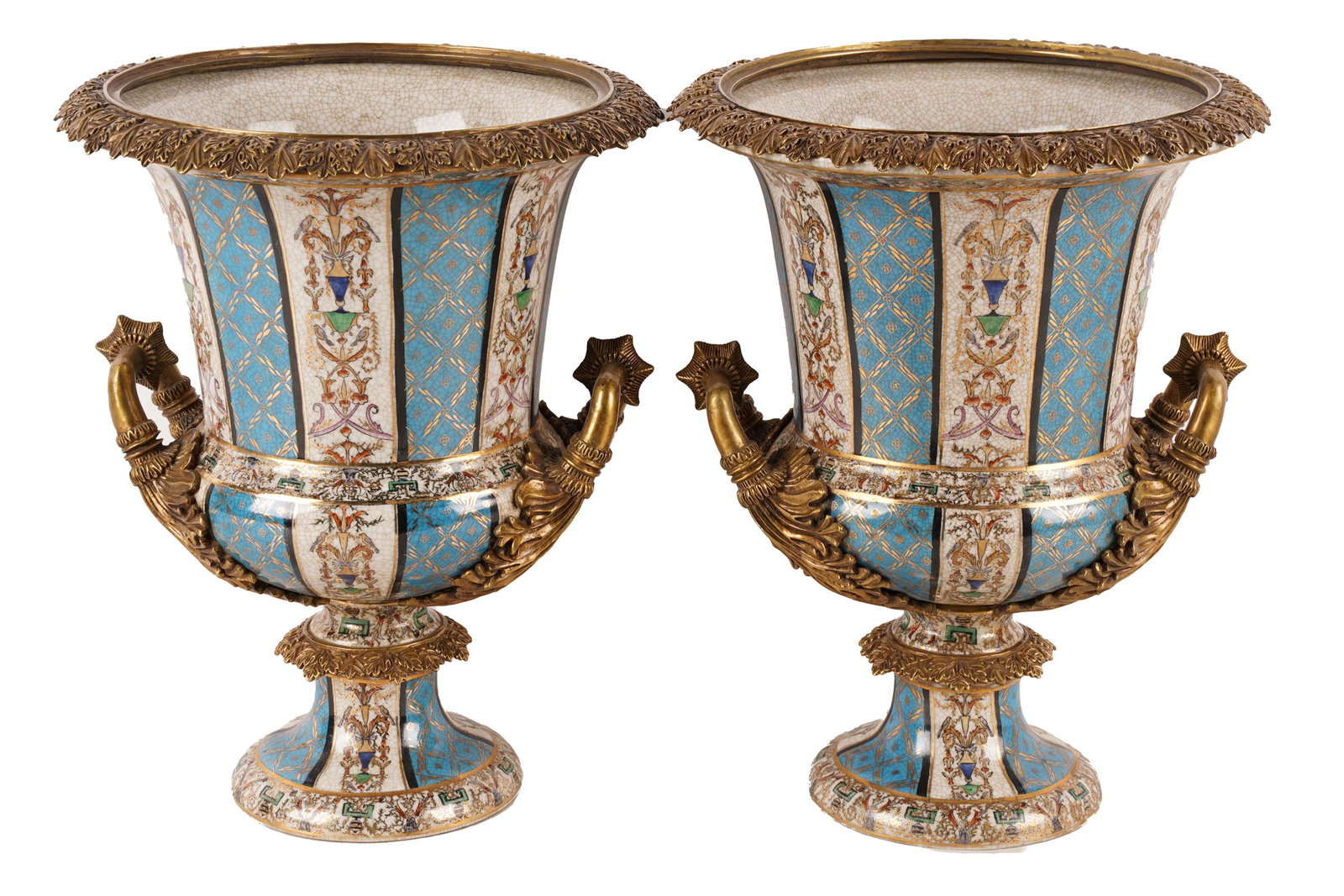 PAIR OF GILT METAL-MOUNTED PORCELAIN URNS: second half 20th century, mark of United Wilson Porcelain Factory, Hong Kong each 11 inches wide; 14 inches high
