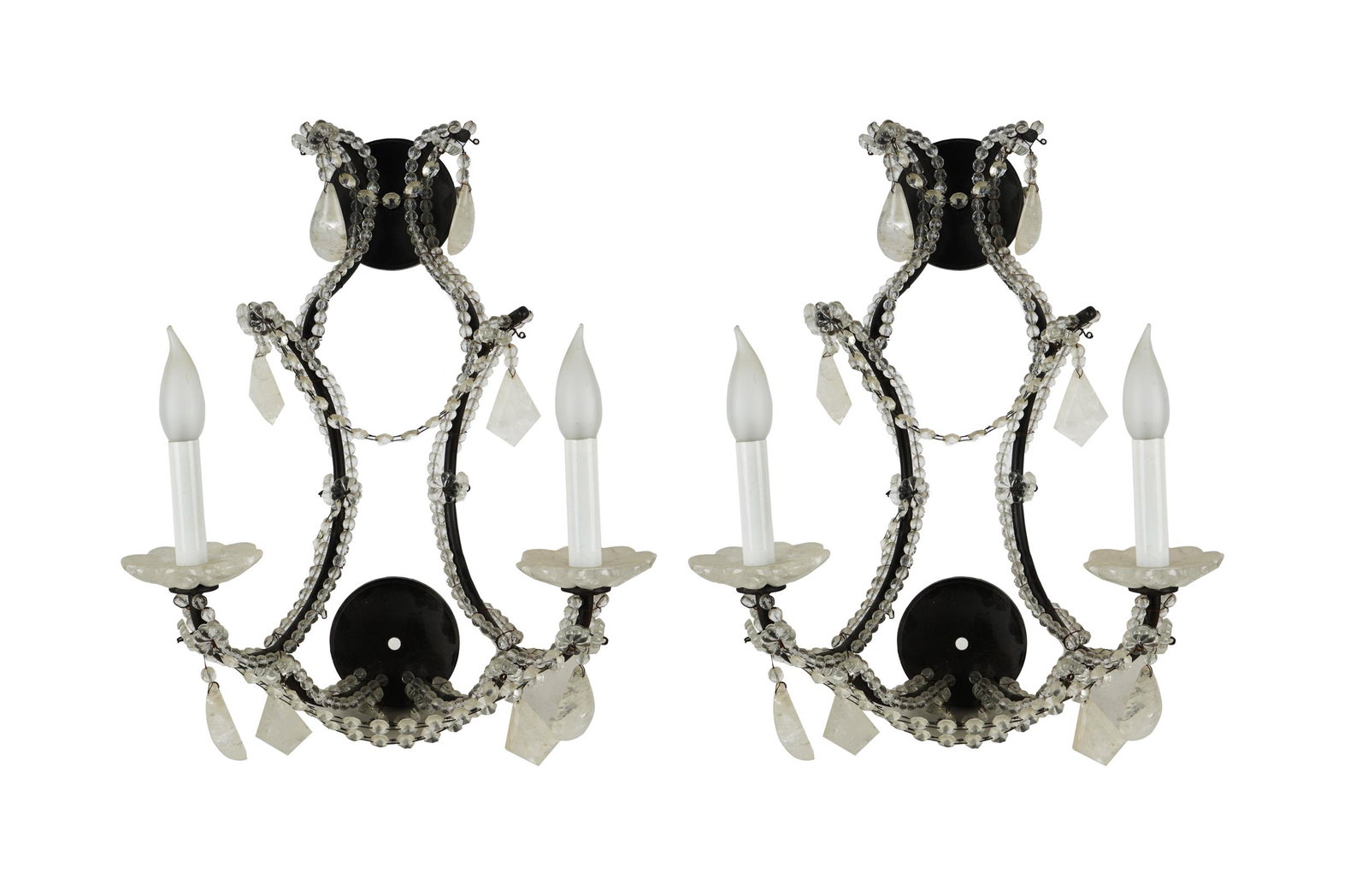 PAIR OF TWIN-LIGHT SCONCES: with rock crystal drops and iron frames 14 inches wide; 18 inches high