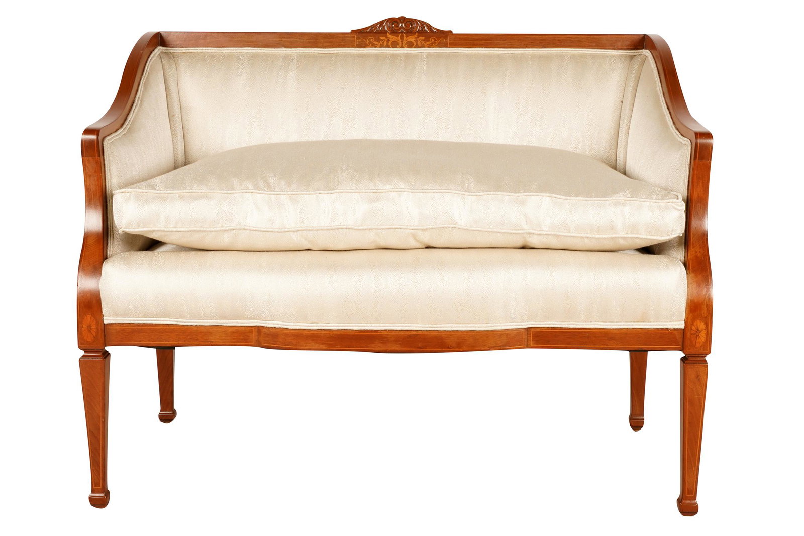 NEOCLASSIC MARQUETRY-INLAID MAHOGANY SETTEE: covered with white and metallic fabric 42 inches wide; 20 inches deep; 31 inches high
