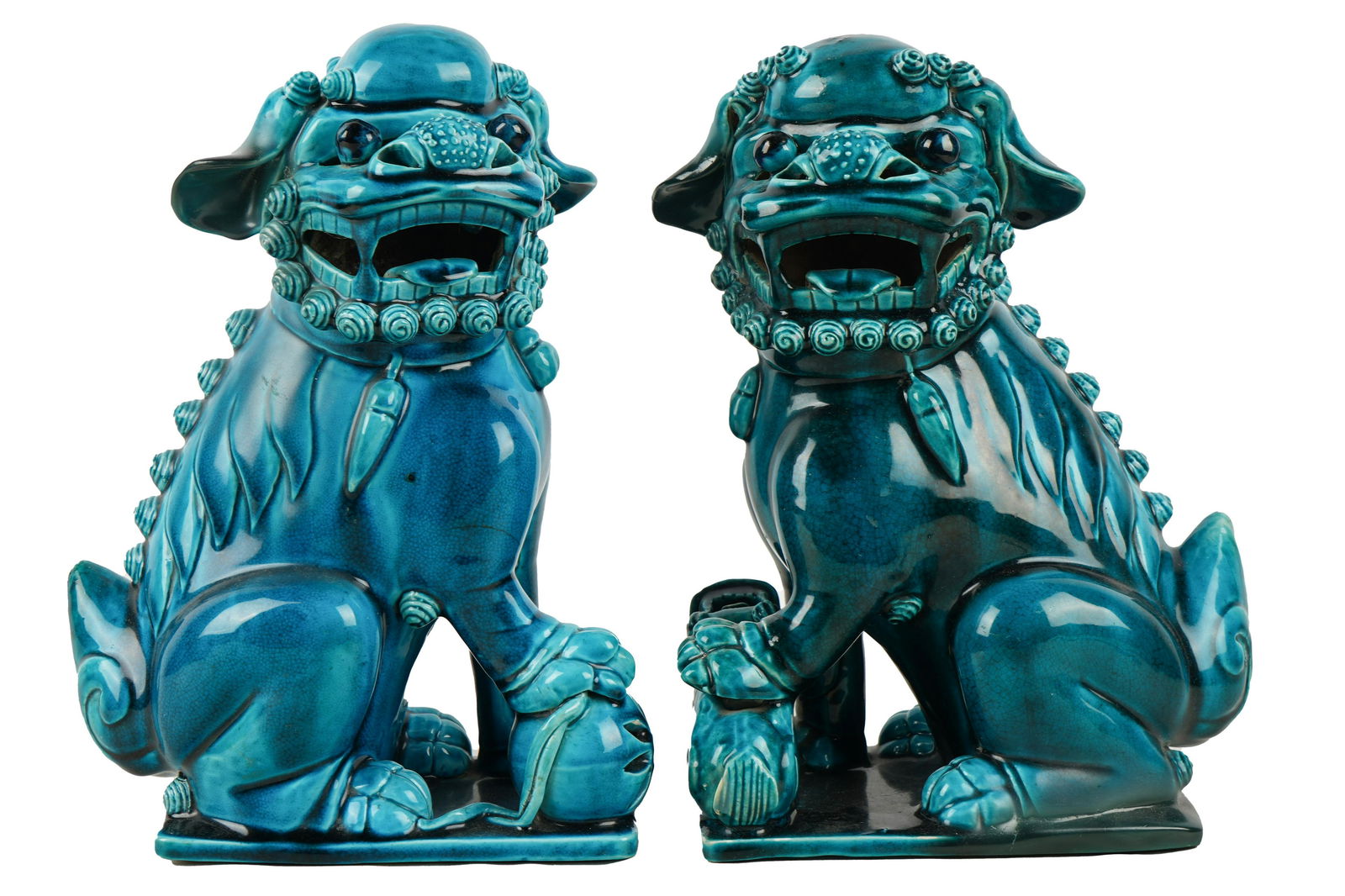 PAIR OF CHINESE BLUE-GLAZED CERAMIC FOO LIONS (1 of 12)