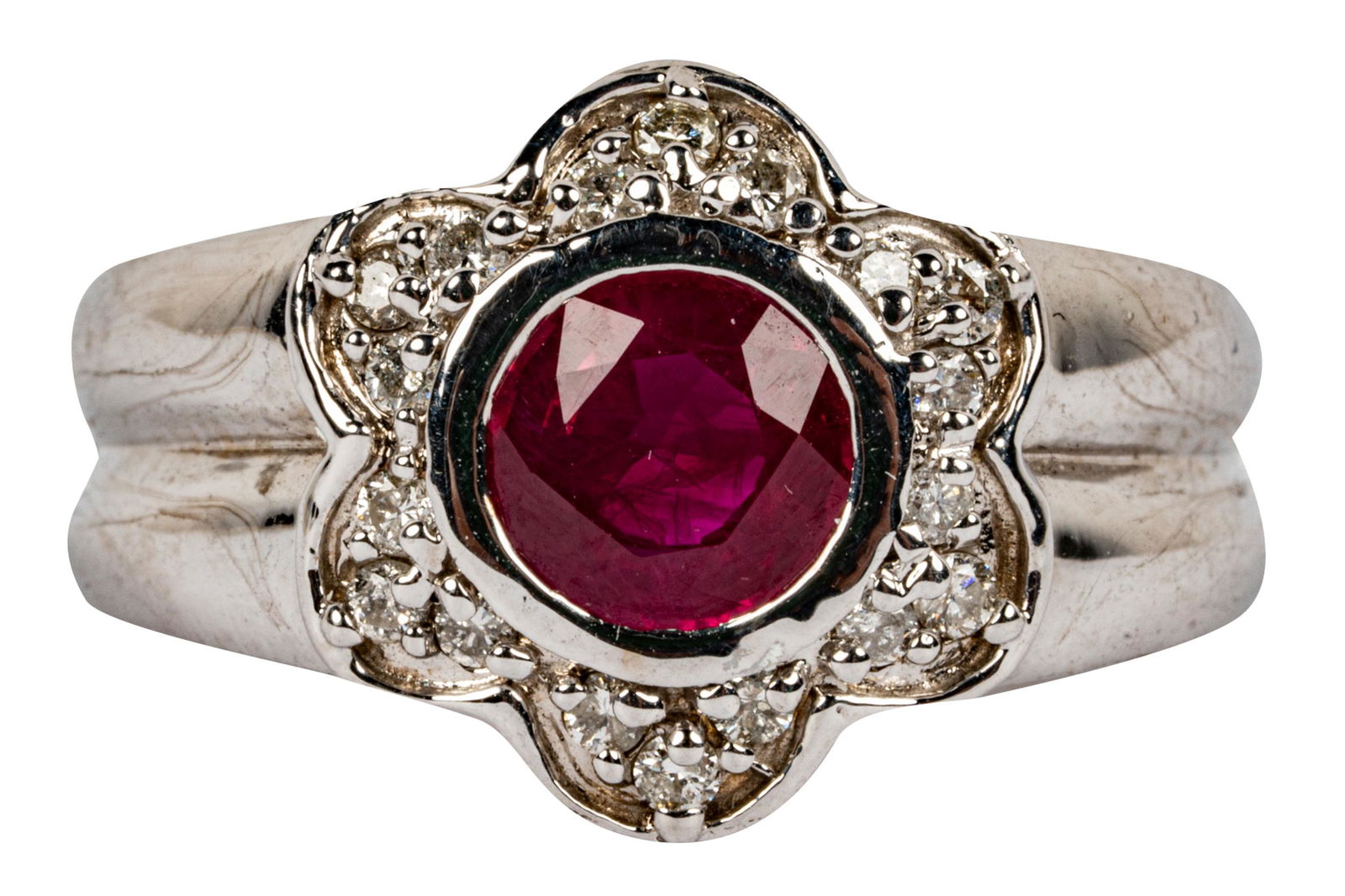 18 KARAT WHITE GOLD, DIAMOND, & RUBY FLORAL RING (1 of 7)