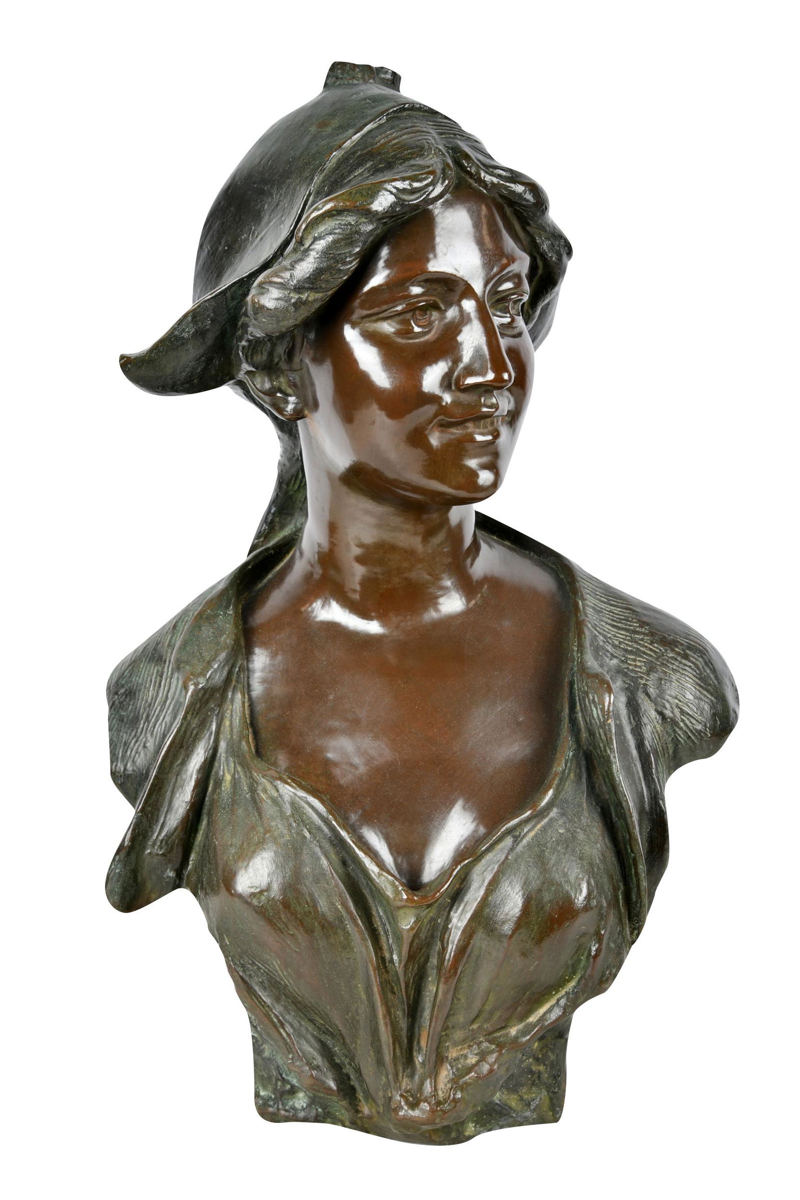 JEF LAMBEAUX (1852 - 1908): BUST OF A WOMAN: signed in casting "Jef, Lambeaux" and with M. Nonhoff, Brussels foundry mark; dark green and brown patination 18 inches wide; 26 inches high