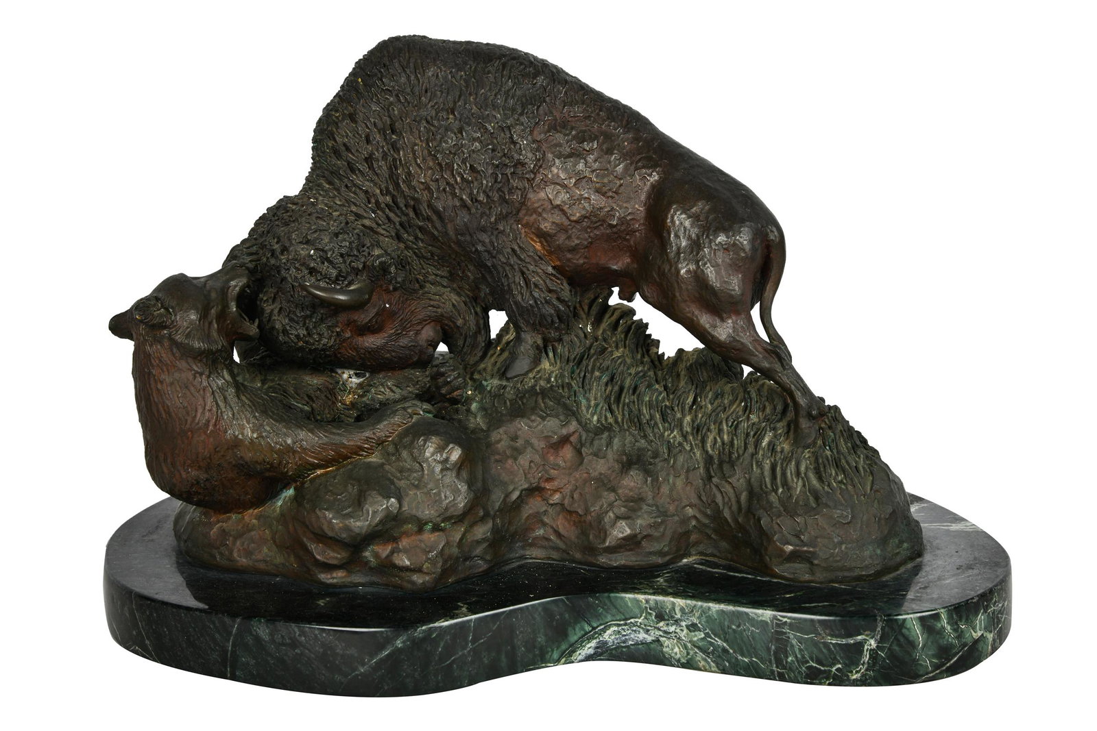 HENRY VAN WOLF (1898 - 1982): BISON WITH BEAR: 1955, signed, inscribed and dated in casting (not numbered), mounted to a green marble plinth 16 inches wide; 10 1/3 inches high; 12 total inches high