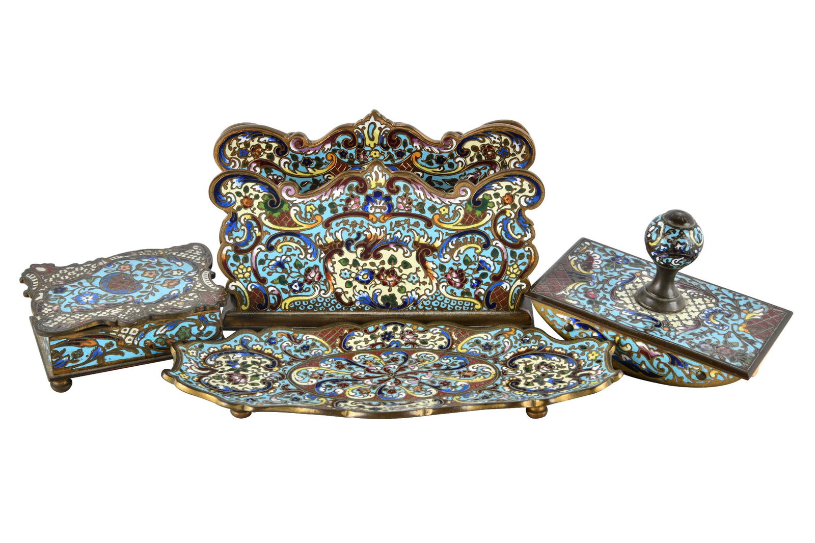 CHAMPLEVE ENAMEL & GILT METAL DESK SET (1 of 9)