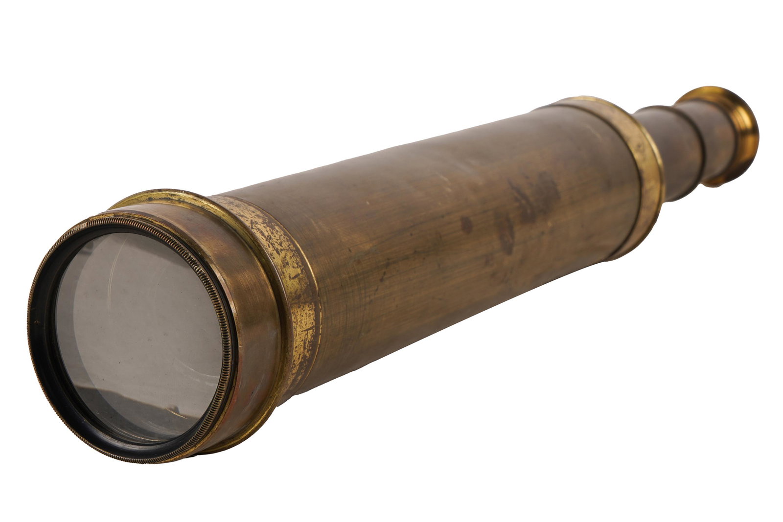 BRASS NAUTICAL SPYGLASS: unmarked Condition: with marks and dings. Diameter of lens: 2 1/4 inches; 35 inches long extended; 12 1/2 inches long closed