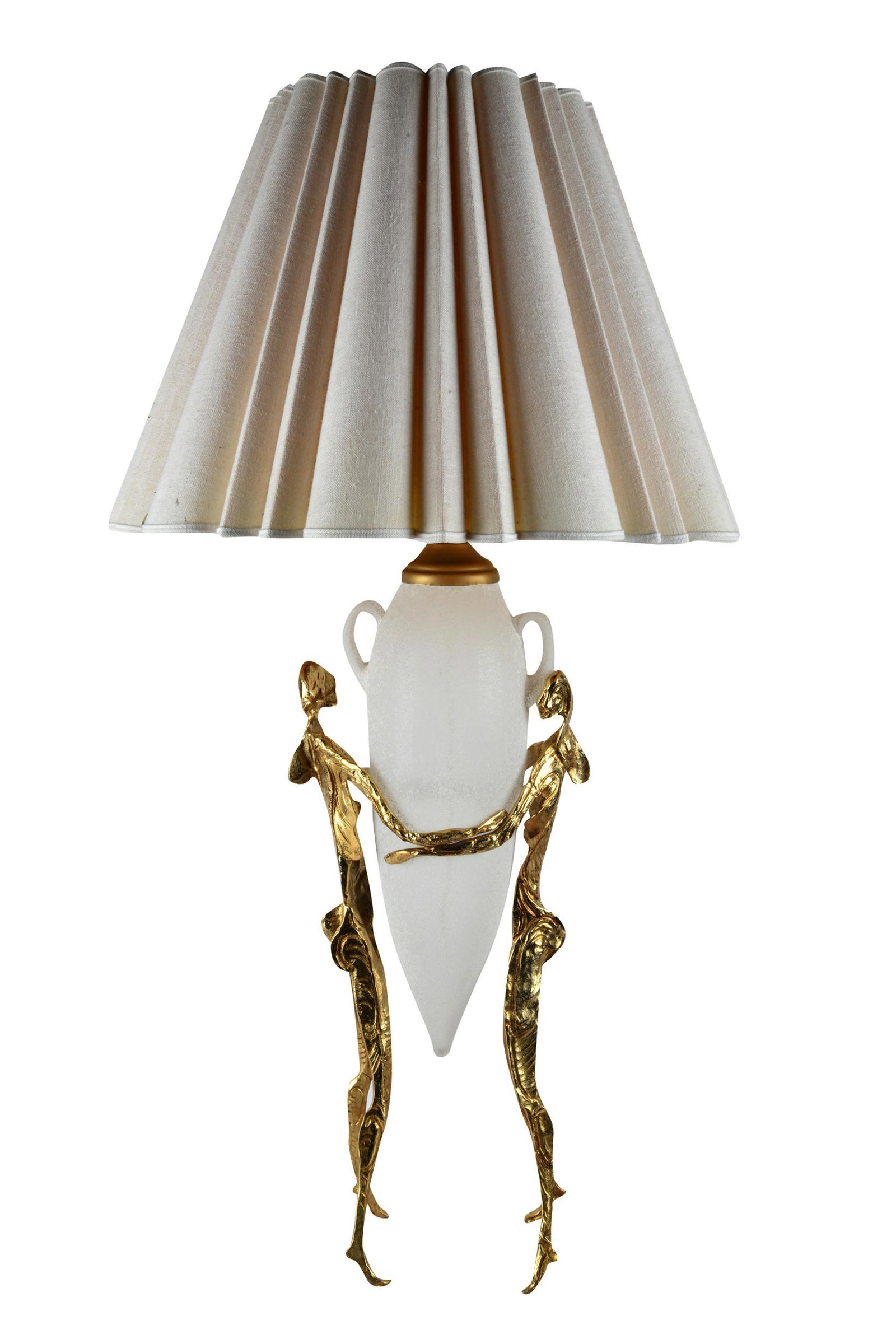 GILT METAL & GLASS TABLE LAMP: with an off-white linen shade over a single socket rising from an opaque white textured glass amphora supported by two figures 41 inches high