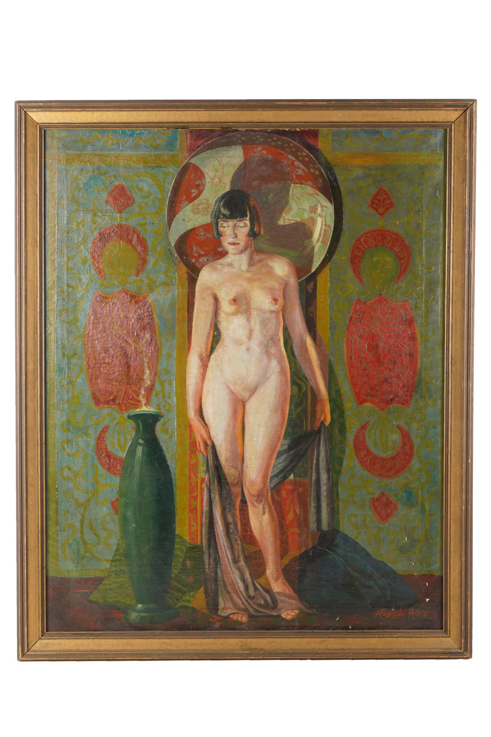 HAL HAROLD ADES (B. 1888): NUDE FEMALE FIGURE: oil on canvas, signed lower left 34 x 27 inches; 37 x 30 1/2 inches frame