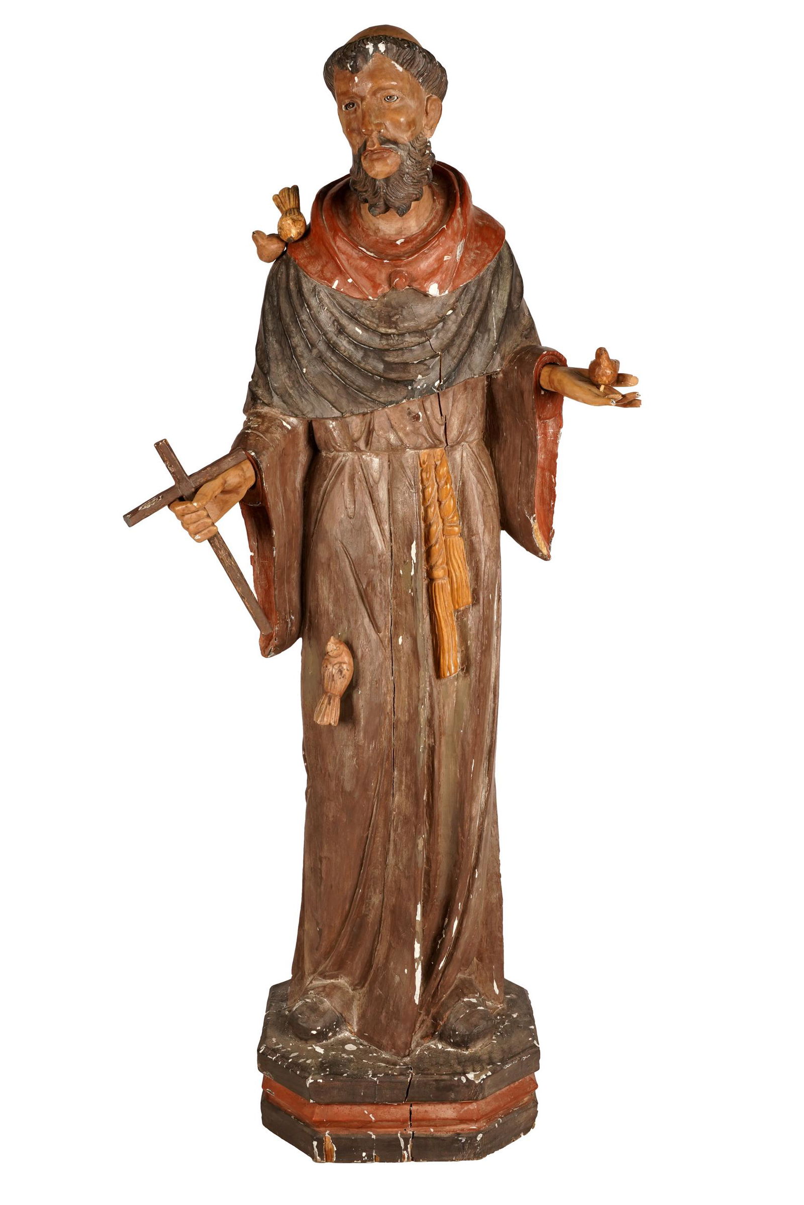 POLYCHROMED CARVED WOOD FIGURE SAINT FRANCIS (1 of 10)