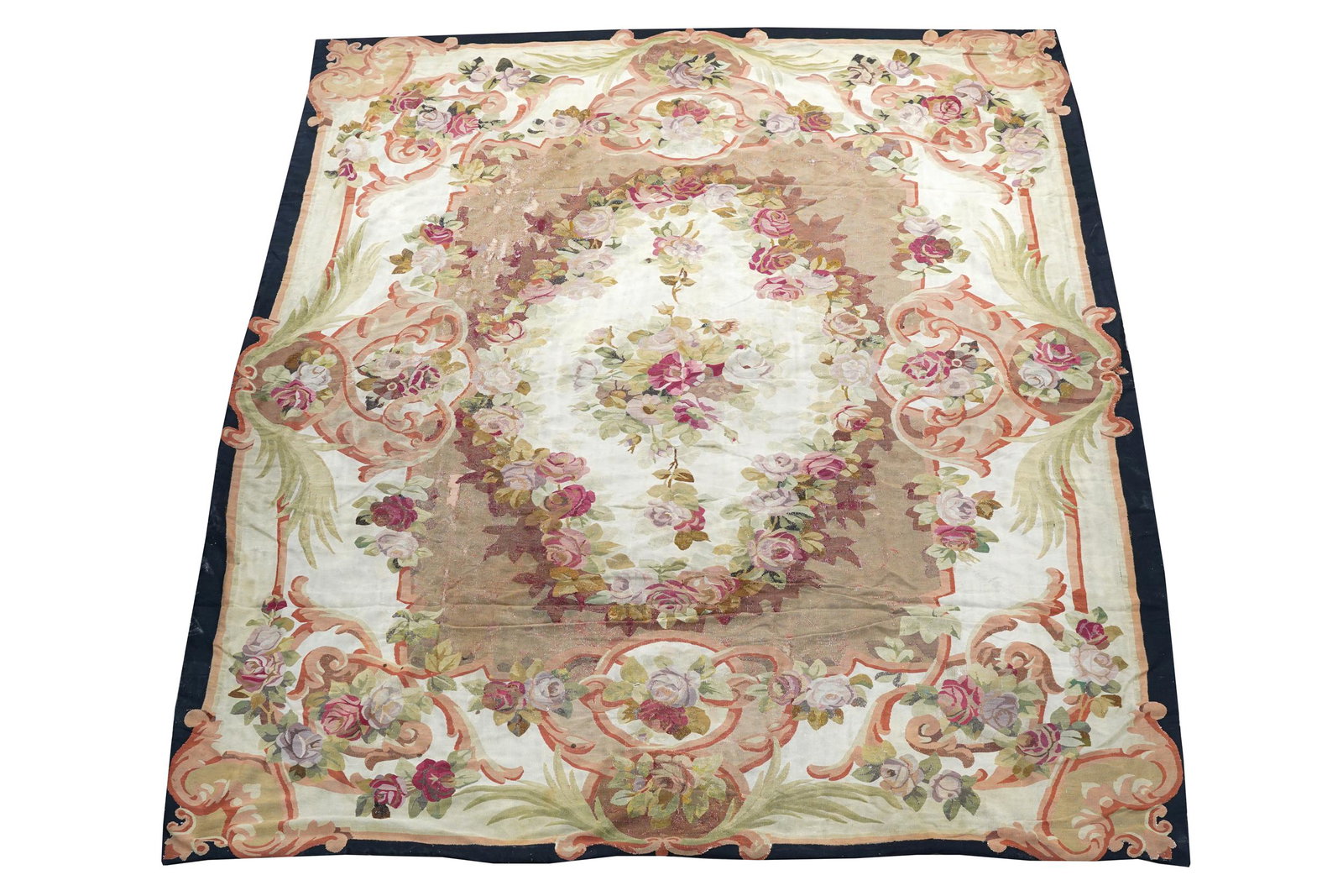 AUBUSSON TAPESTRY: Condition: with fully lined back; with hand sewn stitching; areas of repair throughout body; with extensive restoration 10'7" x 13'6"