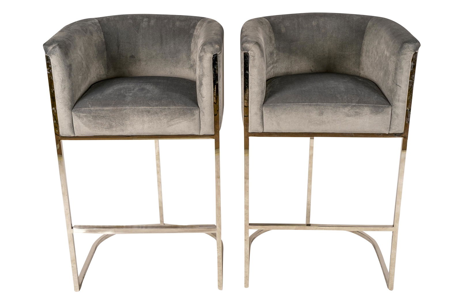 PAIR OF GREY VELVET BAR STOOLS (1 of 7)