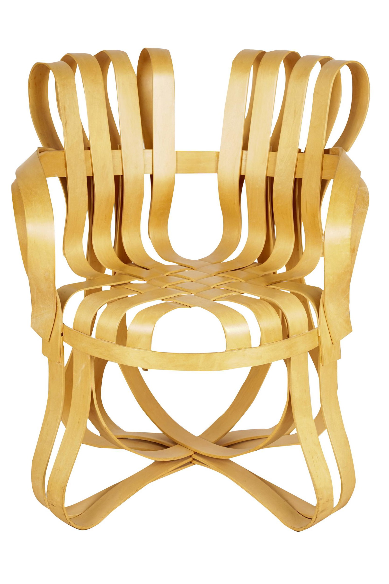 FRANK GEHRY FOR KNOLL CROSS CHECK CHAIR: stamped underside 28 inches wide; 34 inches deep; 34 inches high