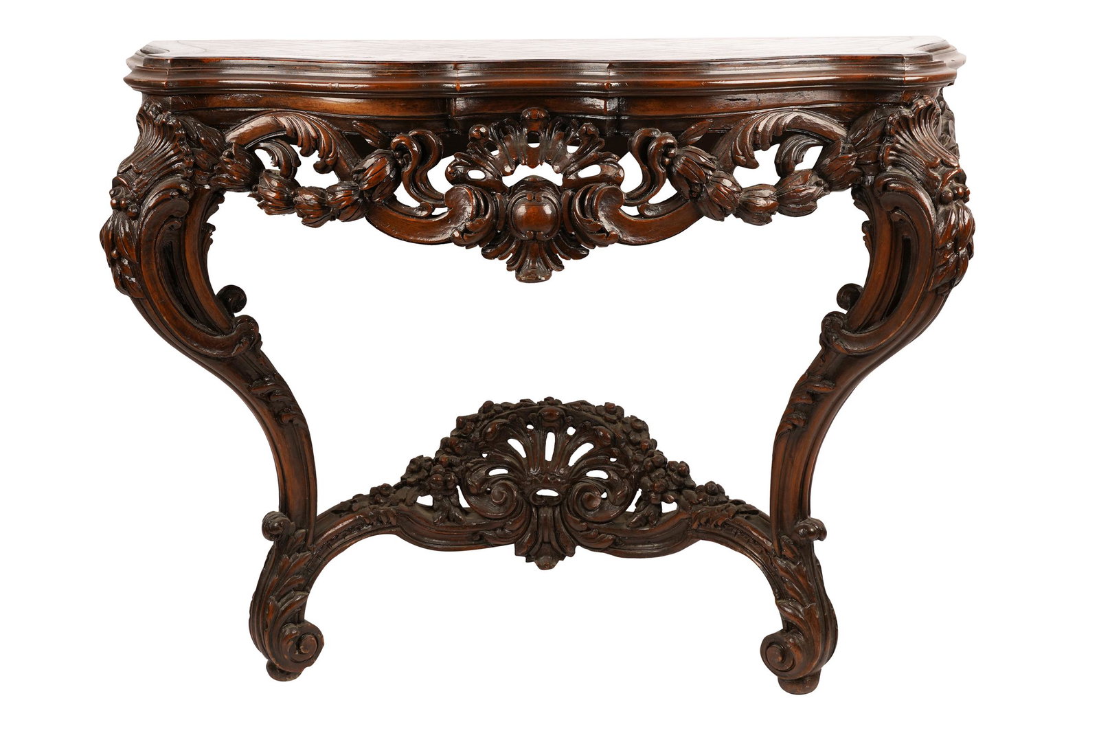 CARVED PARQUETRY TOP WALL CONSOLE: 20th Century, with removable top Condition: with rub wear to top and corners on top 46 inches wide; 18 1/2 inches deep; 34 inches high