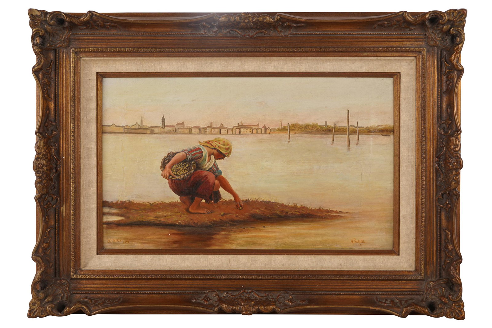 ANTONIO ERMOLAO PAOLETTI (1834 - 1912): "FIGURE BY THE: 1895, oil on canvas, signed lower right; 'J.C. Heath 1985' lower left Condition: with repairs 12 x 20 inches; 20 x 28 inches framed