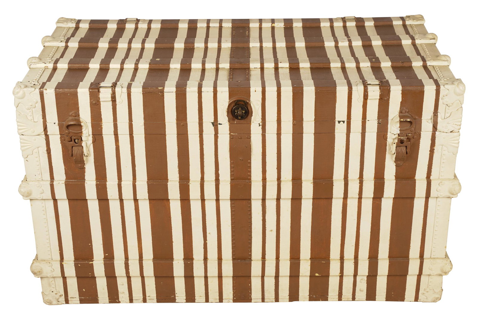 PAINTED SLAT TRUNK: with painted leather handles Condition: with paint loss throughout on each side and edges 41 inches wide; 21 inches deep; 24 inches high