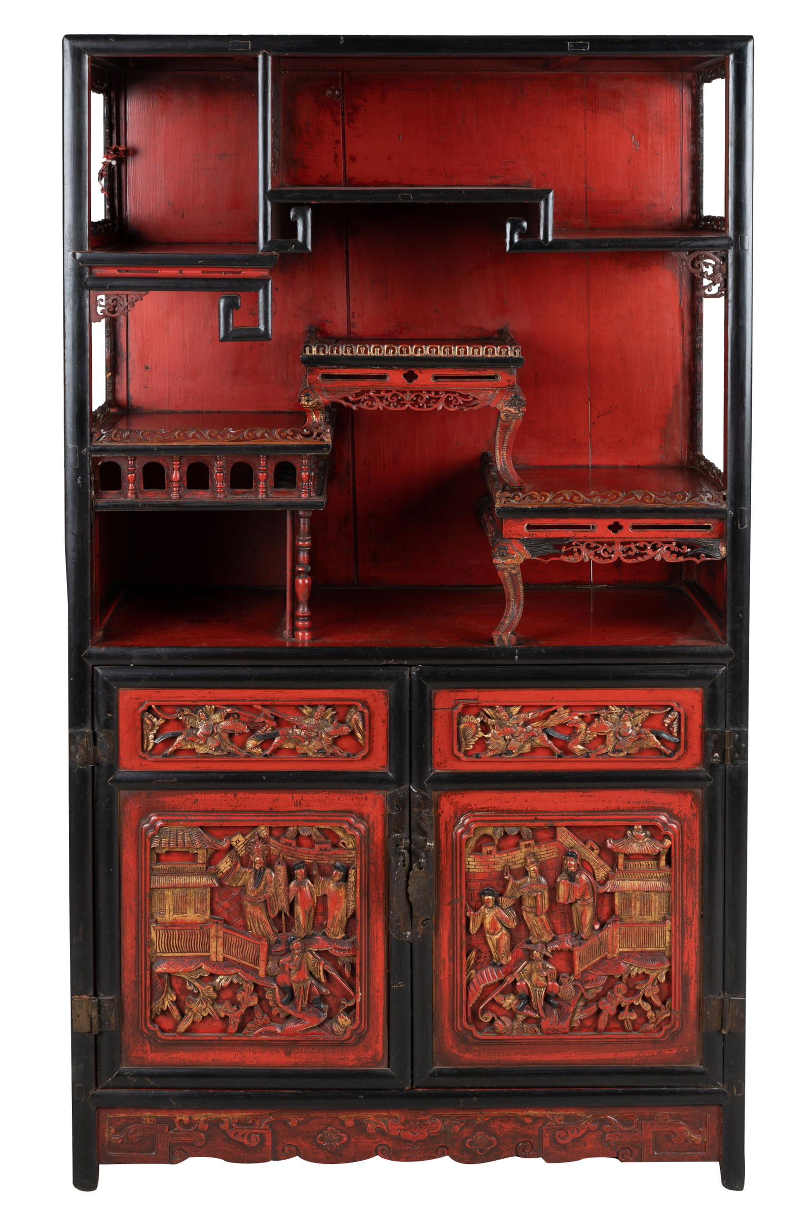 CHINESE RED & EBONIZED WOOD DISPLAY CABINET (1 of 11)