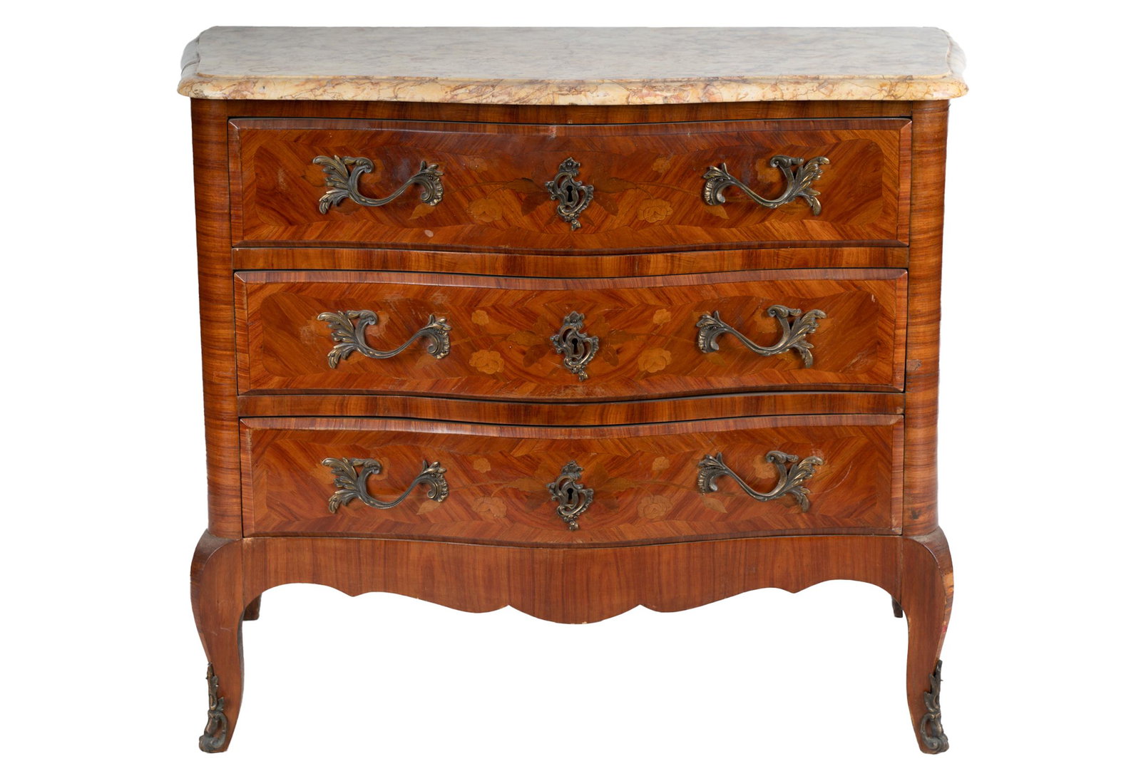 MARBLE-TOP MARQUETRY COMMODE: with three drawers Condition: with scattered chips and losses to veneer. Wear to feet. 39 inches wide; 19 inches deep; 32 inches high