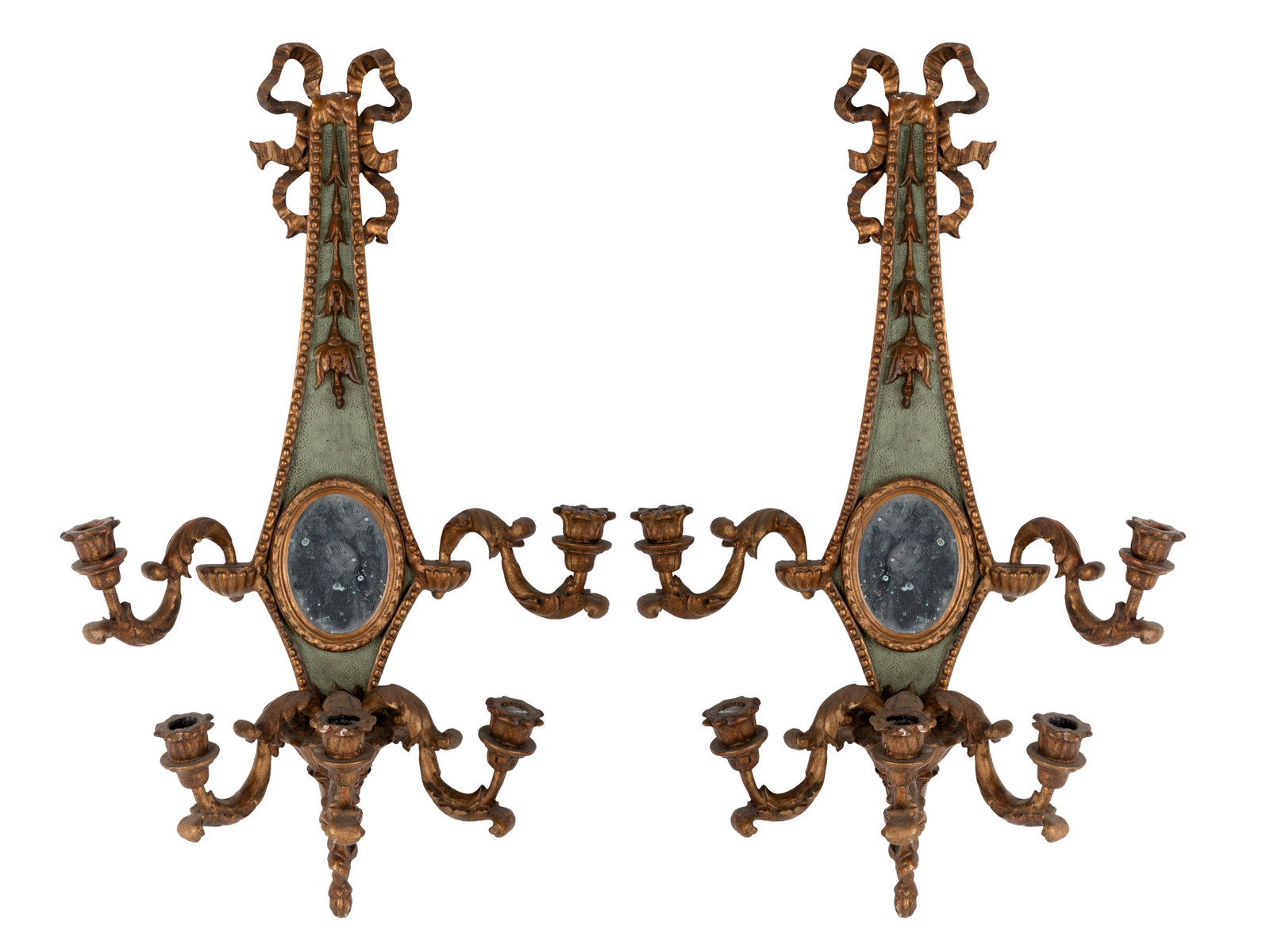 PAIR OF PAINTED WOOD & GESSO SCONCES: each with five arms and mirrored back Condition: with various repairs to arms and loss to some areas of composition 19 inches wide; 9 inches deep; 30 1/2 inches high