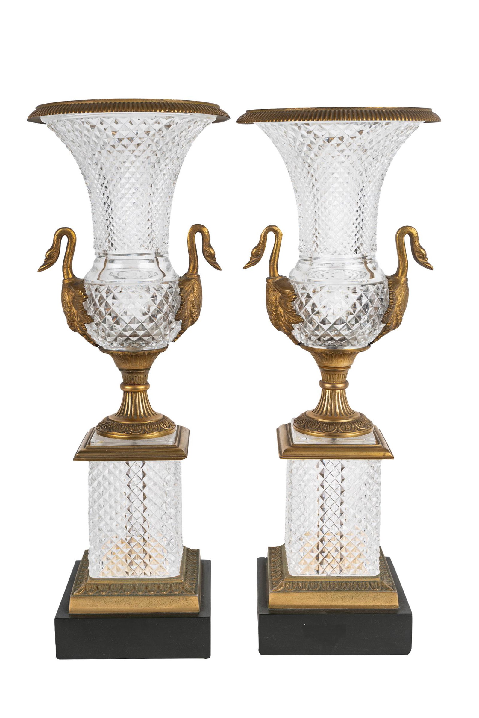 PAIR OF CUT GLASS GARNITURES: with gilt metal swan handles, each affixed to base 6 3/4 inches wide; 18 3/4 inches high